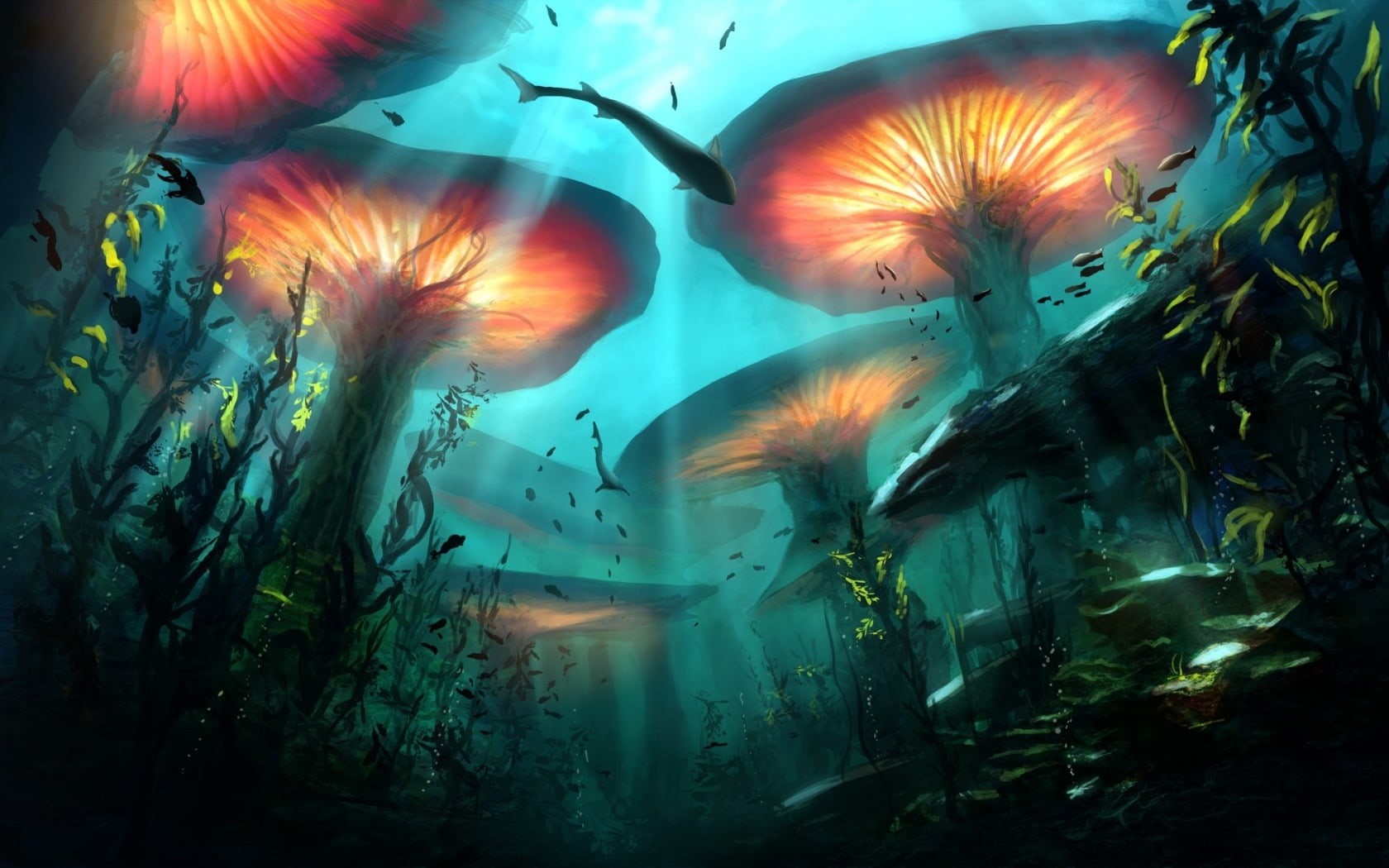 fantasy, close-up, animals in the wild, nature, orange, beauty in nature, growth, water, 720P, luminos, animal themes, vara, aquarium, mushroom, outdoors, HD Wallpaper