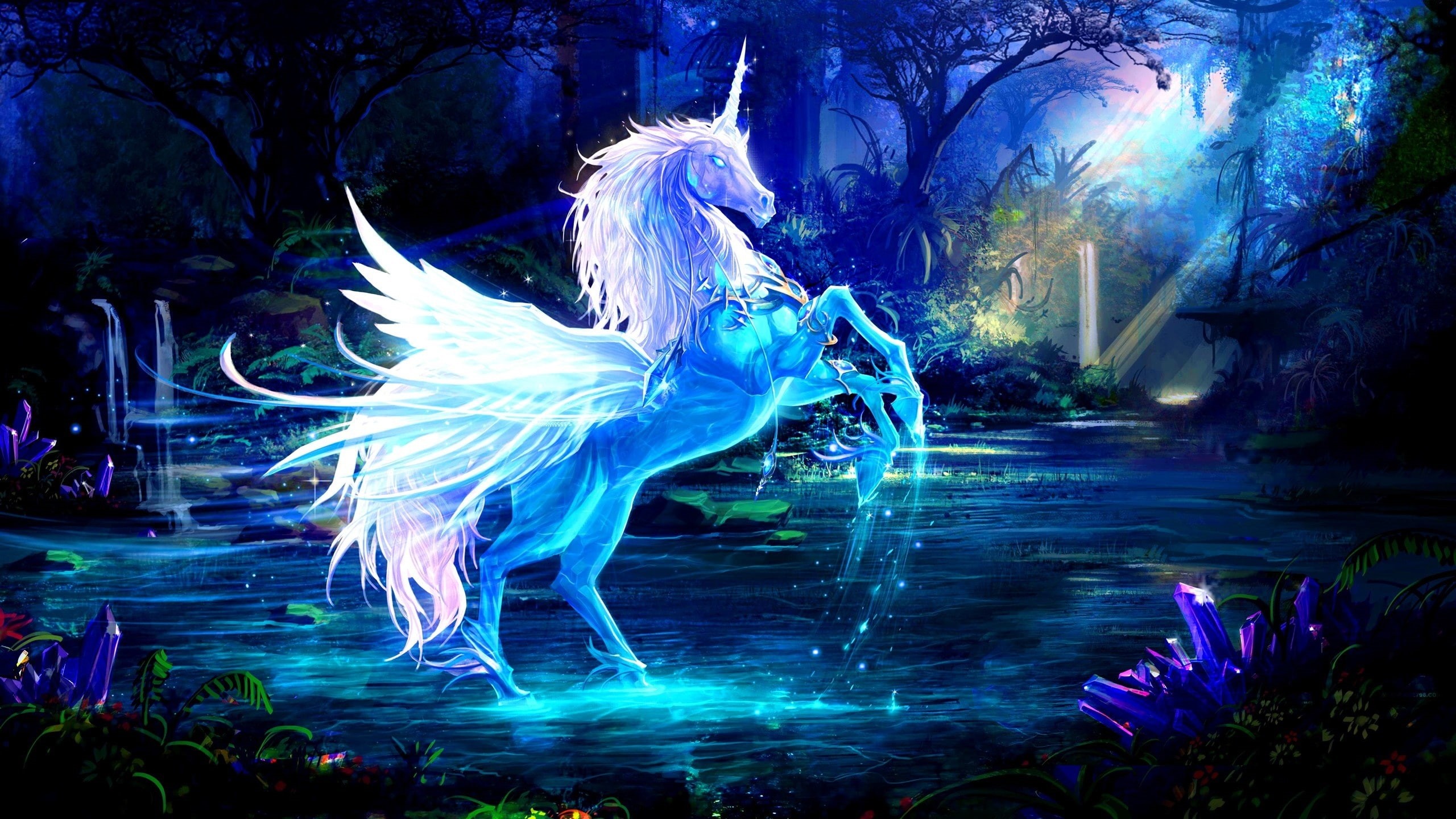 2K, Blue, Forest, Water, Pictures, Rays, Unicorn, Horse, Art, HD Wallpaper