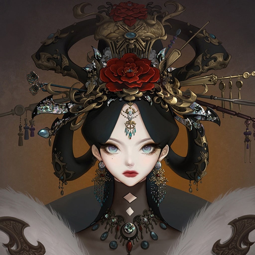 front view, no people, creativity, fantasy, dadachyo, ornate, art and craft, asian, headdress, close-up, portrait, flower, luminos, frumusete, belief, beauty, HD Wallpaper