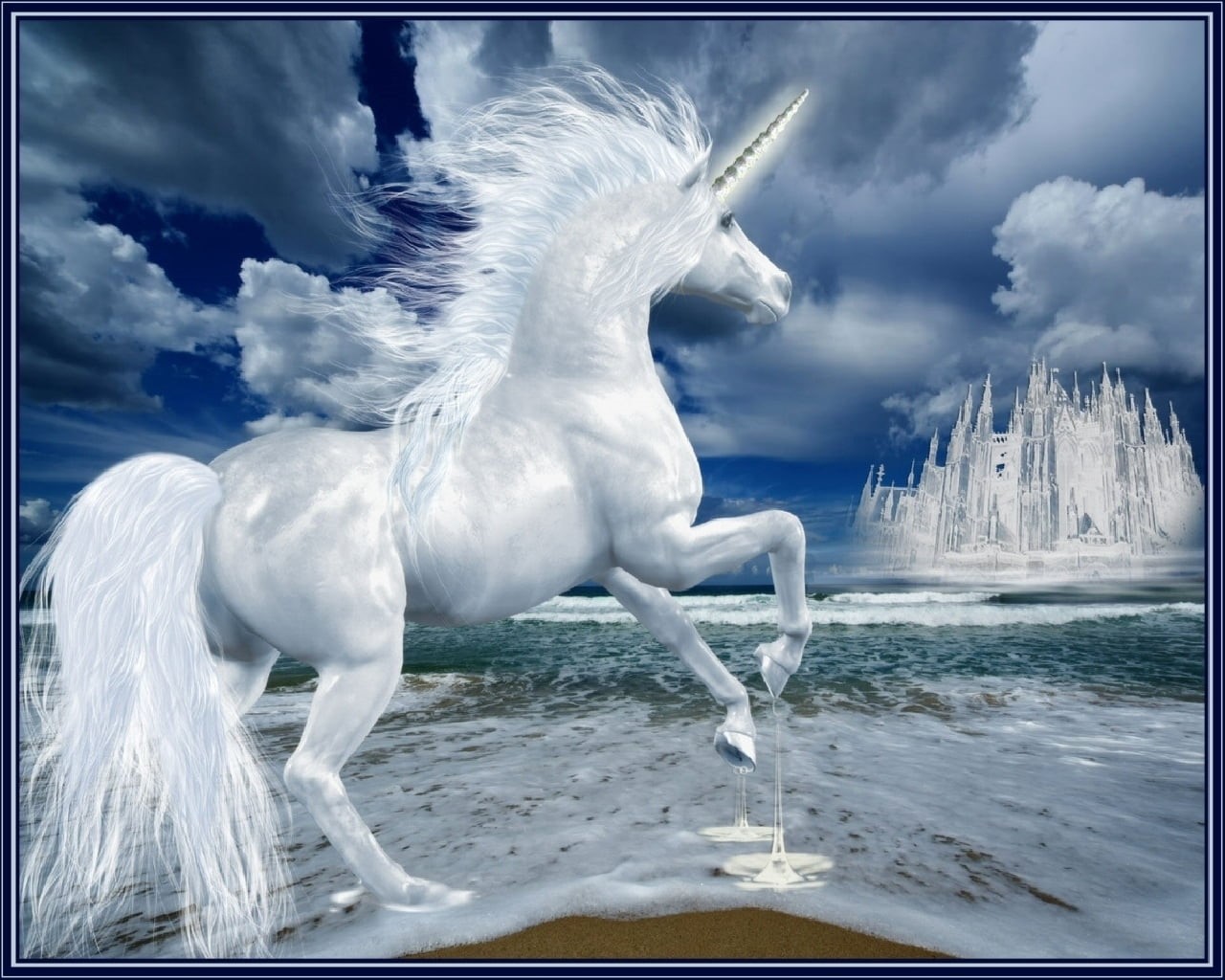 water, digital, vertebrate, motion, sea, domestic, blue, nature, outdoors, unicorn, white color, digital composite, animal themes, sky, domestic animals, HD Wallpaper
