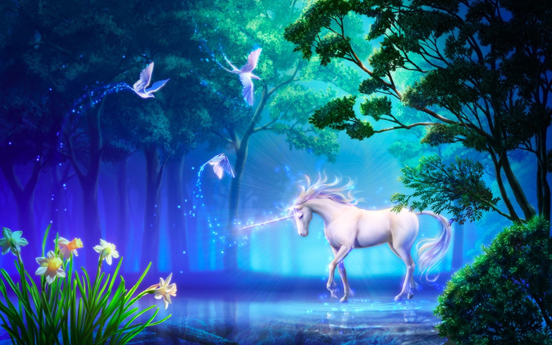 art, horse, tree, magic, birds, fantasy, flower, digital, 1080P, unicorn, HD Wallpaper