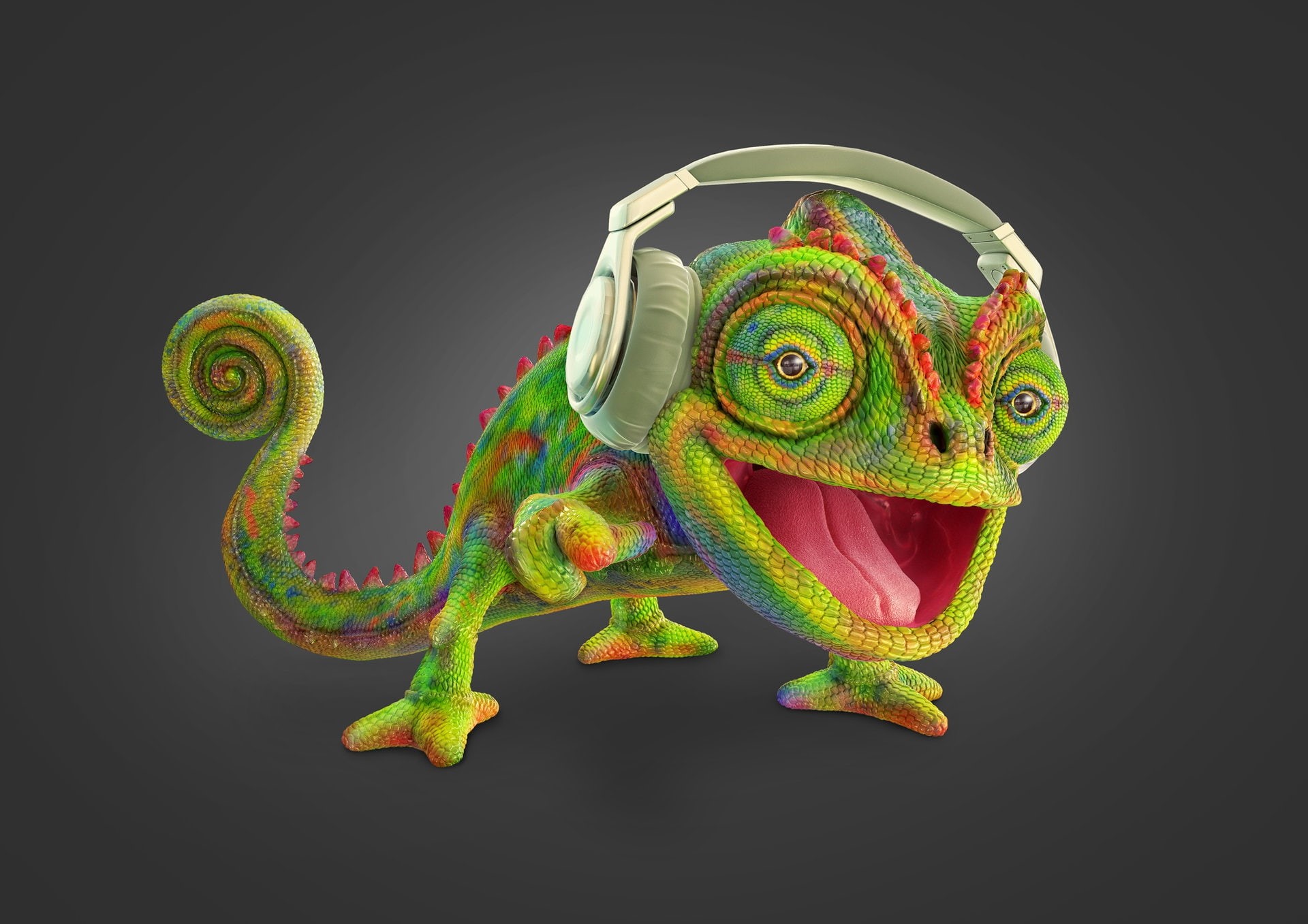 childrens, 1080P, rhenan fidelis, headphones, Chameleon, art, HD Wallpaper