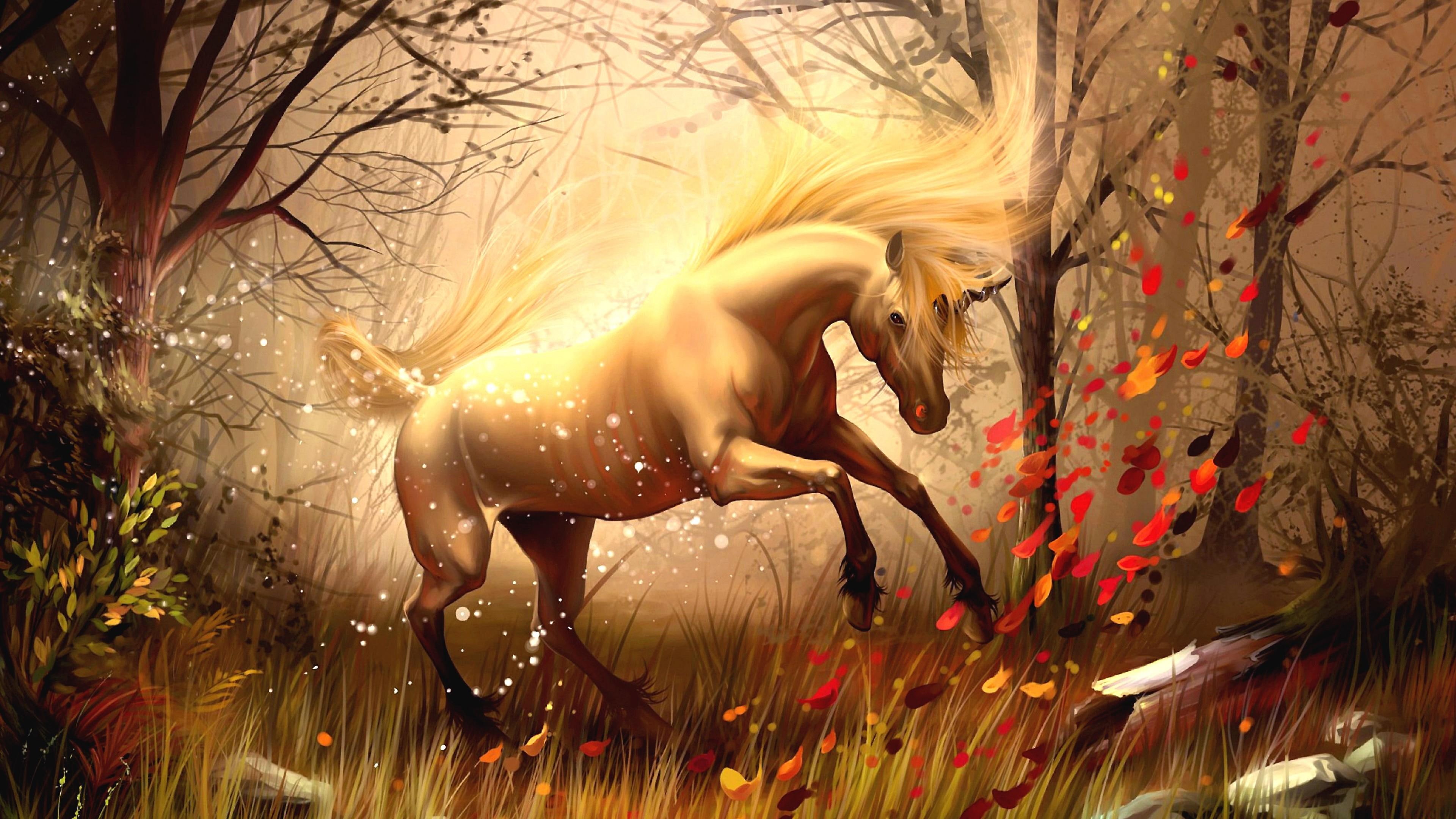 painting, grass, fantasy art, branch, art, mythology, artwork, autumn, horse, 4K, nature, tree, unicorn, HD Wallpaper