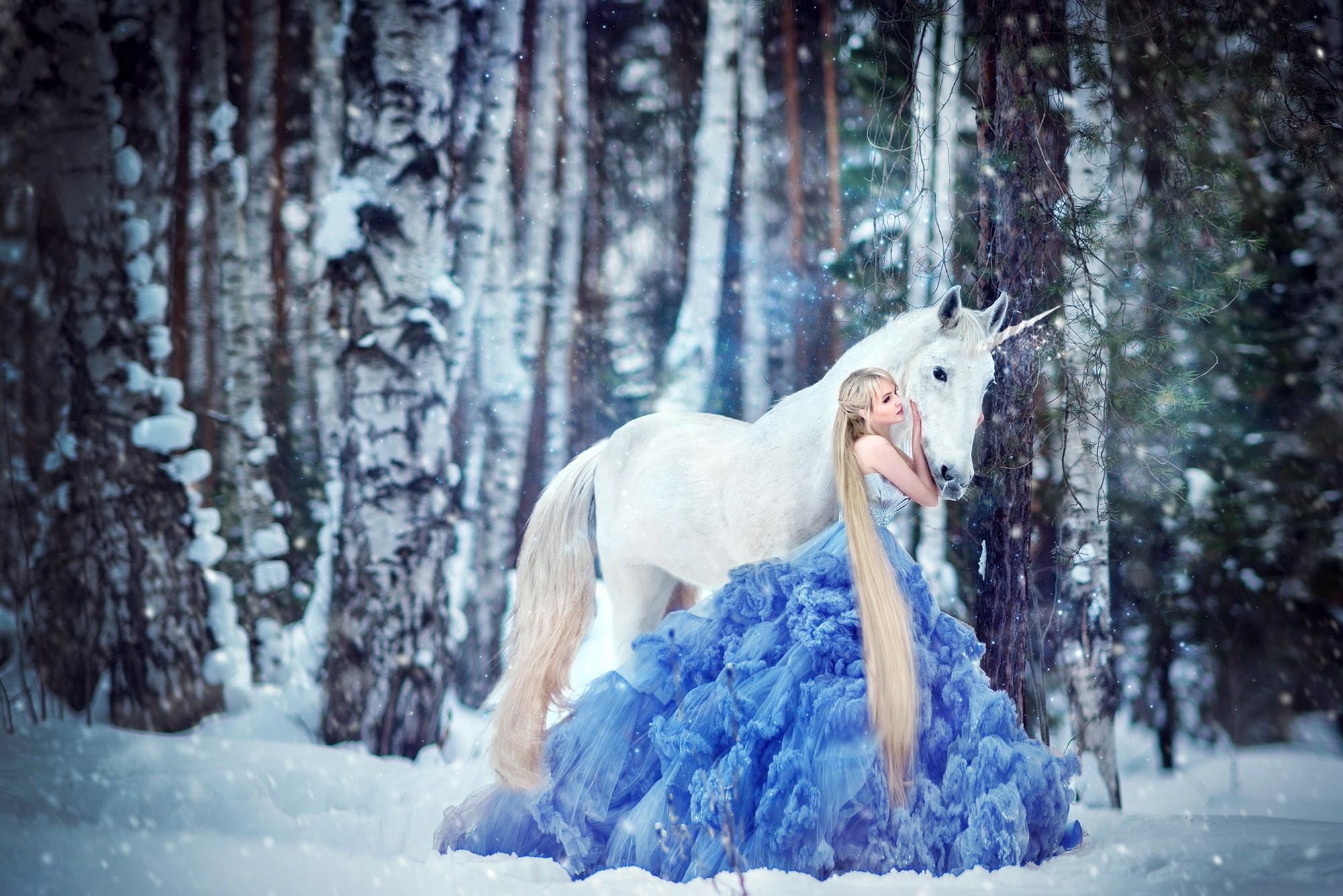forest, white, attachment, blonde, long-haired, horse, hem, handsome, fantasy, nymph, Princess, pose, grove, fabulously, trees, tale, beauty, 1080P, friends, HD Wallpaper