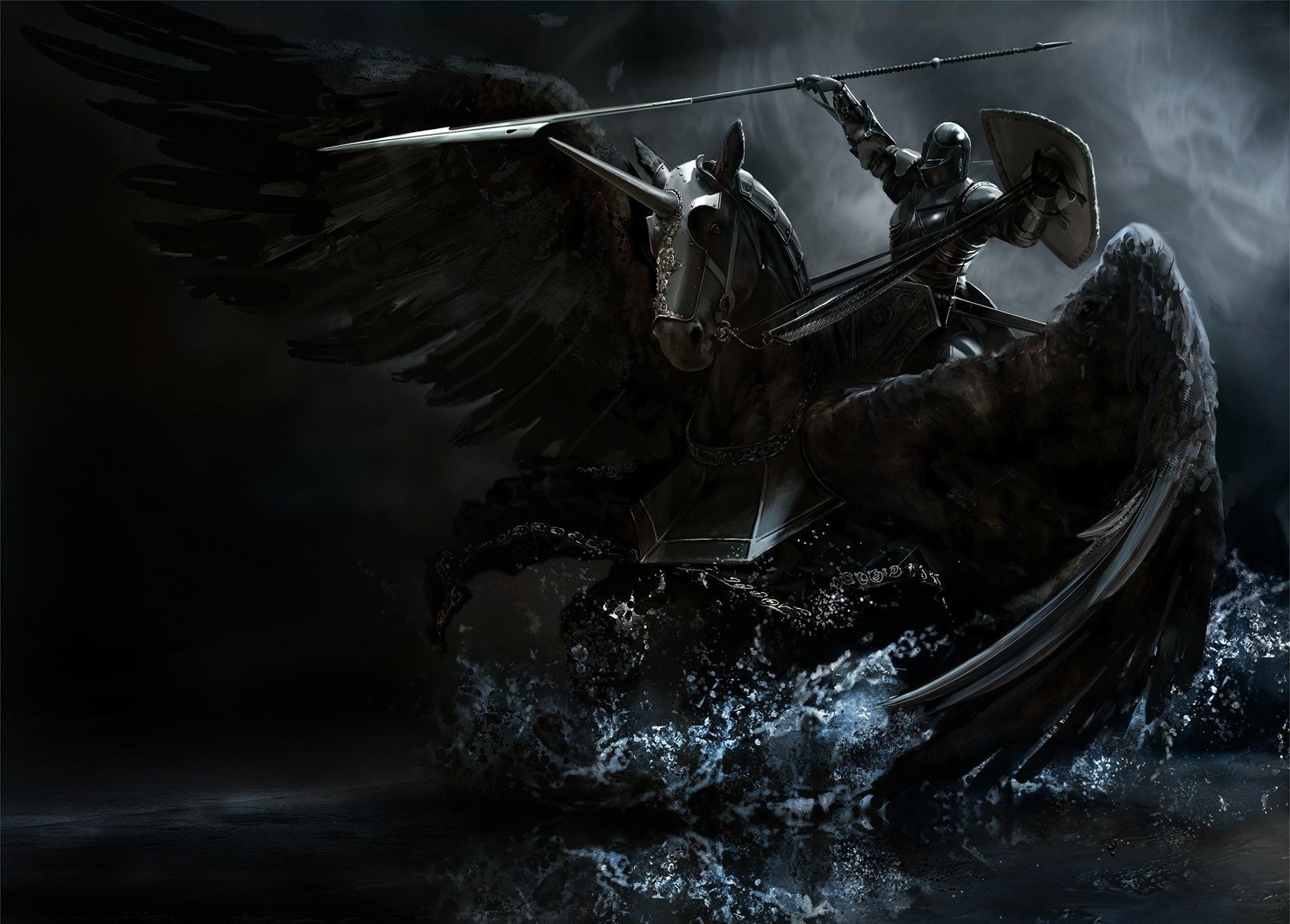 Spear, waterfront, vertebrate, splashing, animal themes, animal wildlife, motion, Wings, Horse, Fantasy Animals, animal representation, 1080P, no people, HD Wallpaper