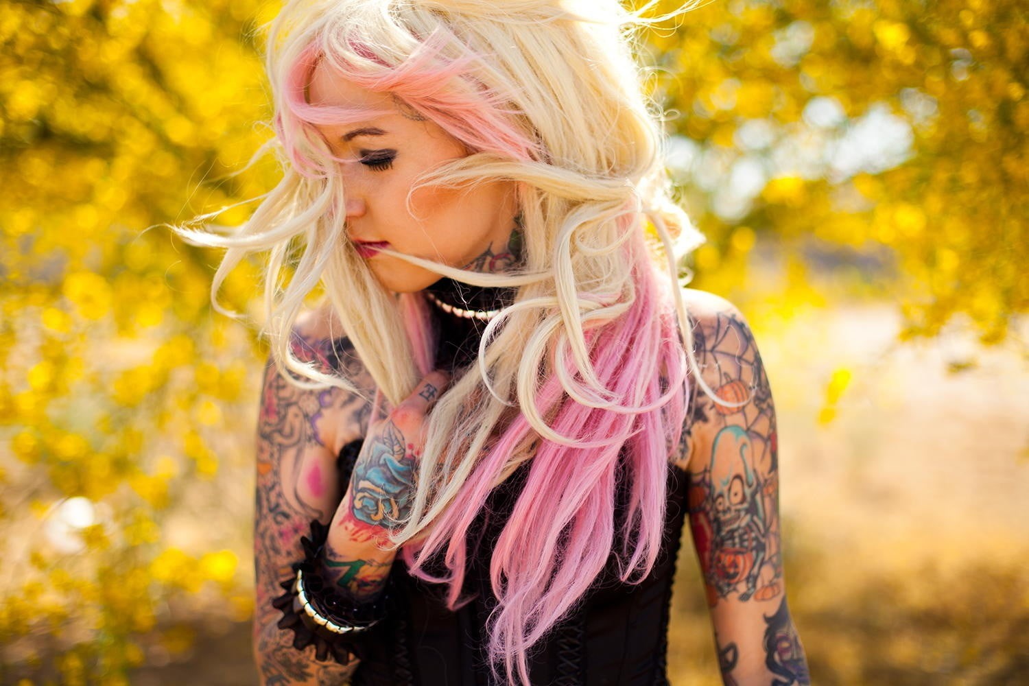 long hair, portrait, one person, beauty, tattoo, human face, hippie, blonde, women outdoors, yellow, dyed hair, multi colored, fashion, women, looking away, HD Wallpaper