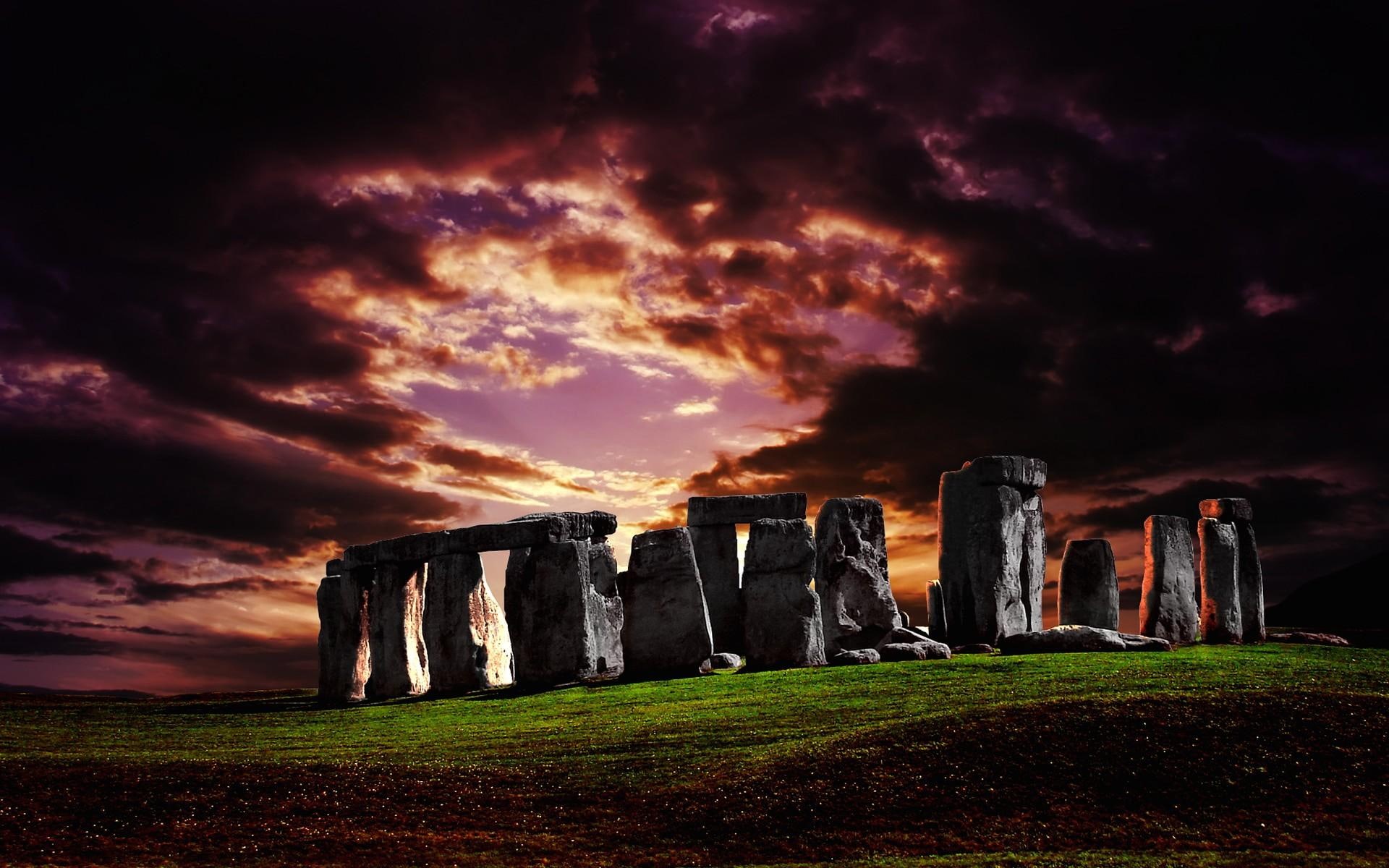 stonehenge, clouds, sunset, ominous, 1080P, 3d and abstract, HD Wallpaper