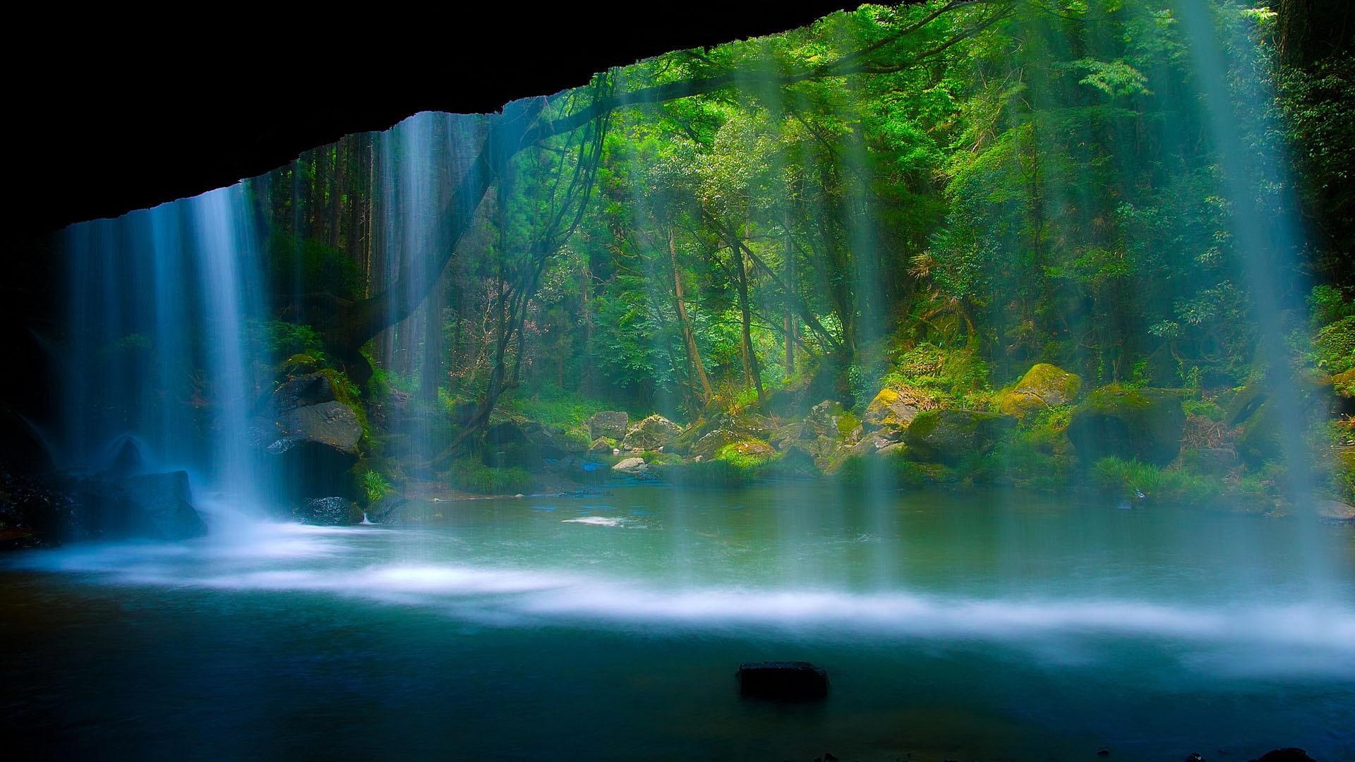 trees, background, green, waterfall, desktop, picture, nice, 1080P, HD Wallpaper