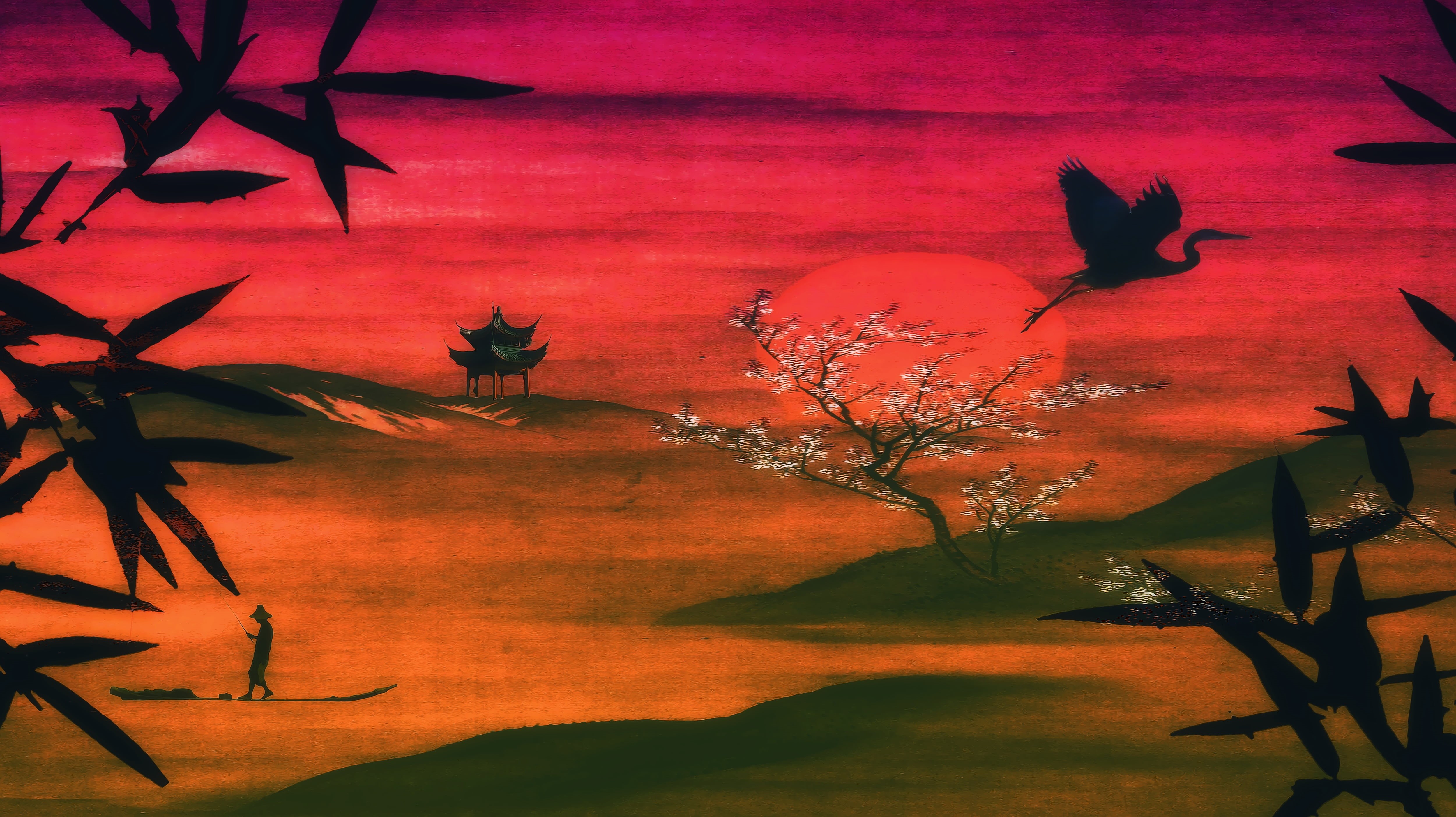 plant, tradition, wall - building feature, east, asian, landscape, mountain, flying, 4K, branch, oriental, season, group of animals, leaves, shadow, cloud - sky, HD Wallpaper