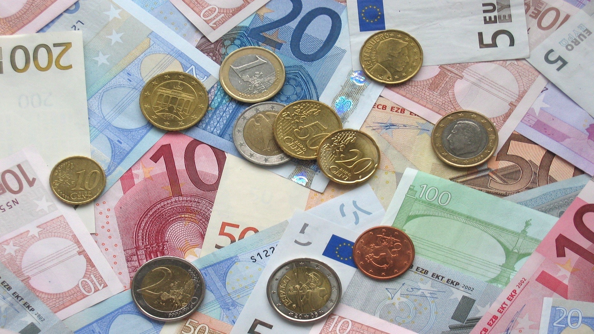 large group of objects, money, metal, profit, economy, purchase, 50 cents, paper, market, 10, 200 and 500 euros, exchange, business, european currency, HD Wallpaper
