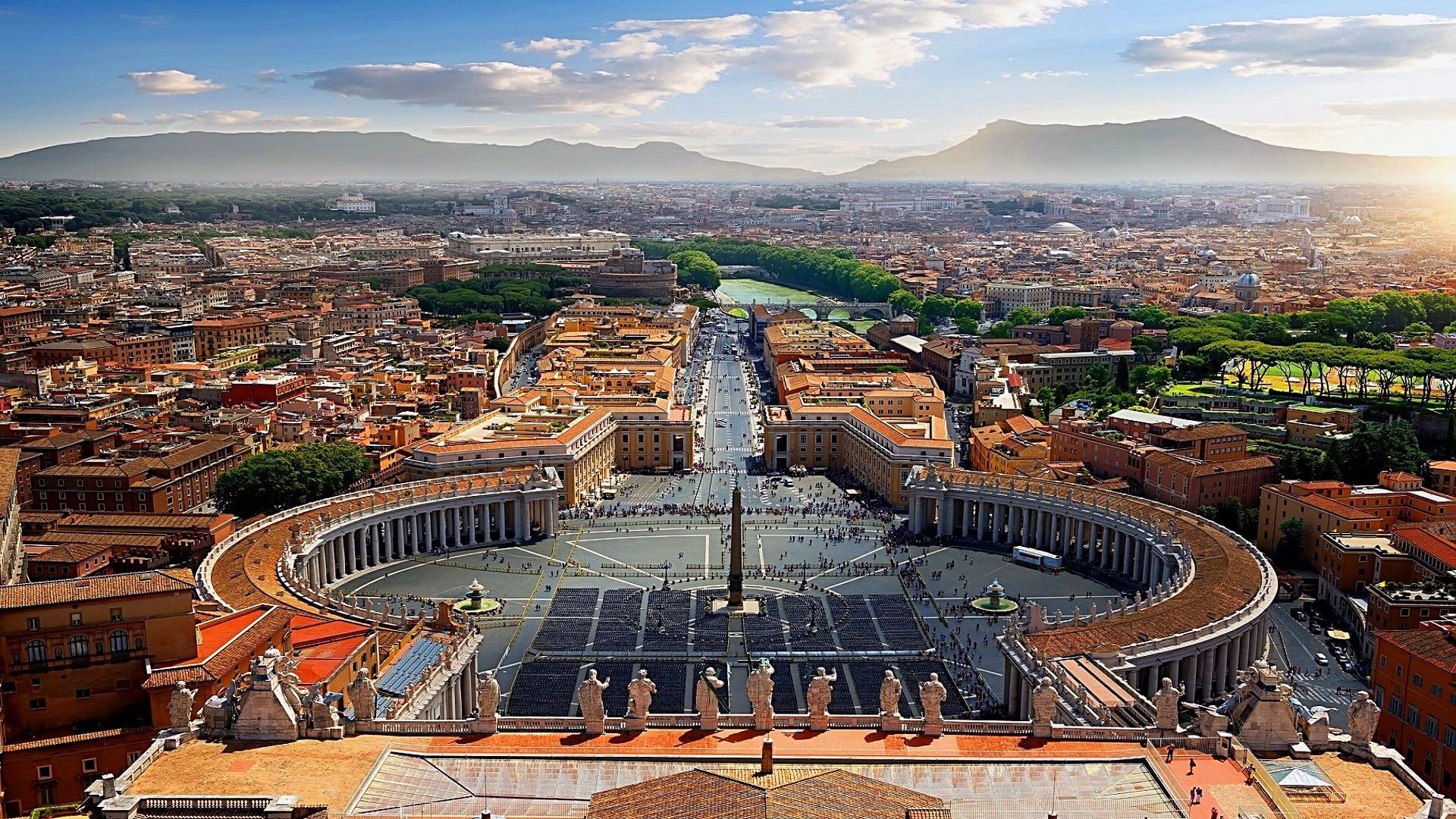 vatican, skyscraper, high angle view, travel, residential district, plaza, built structure, saint peter square, city life, aerial view, rome, 1080P, mountain, HD Wallpaper