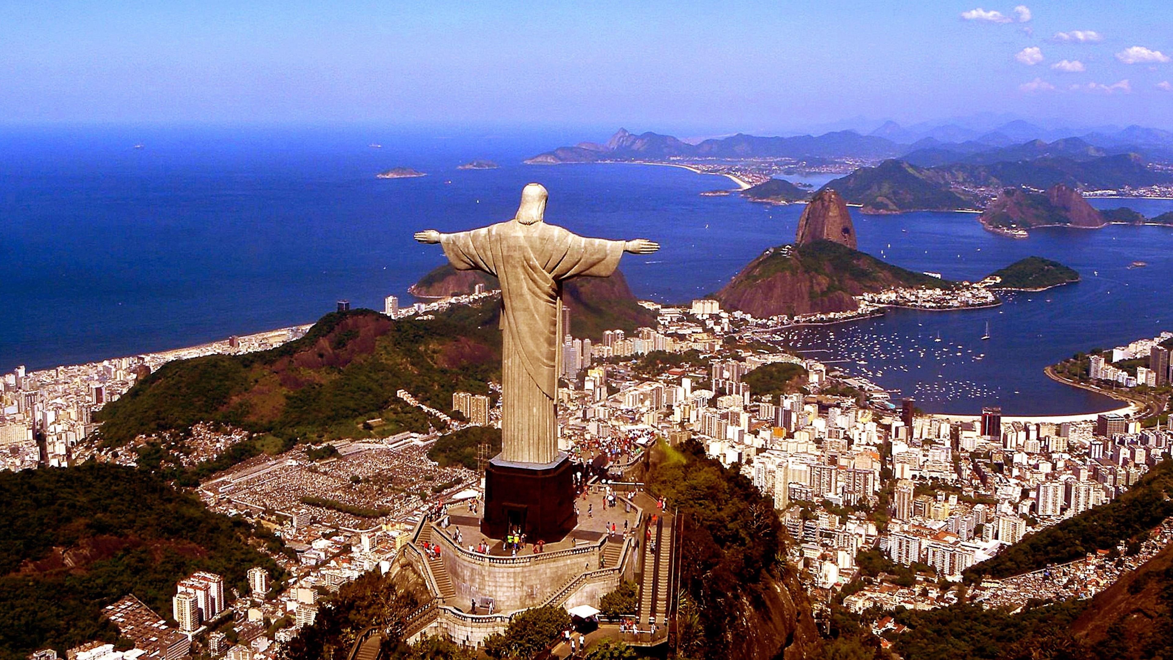 brazil, landmark, unesco world heritage site, historical, coast, cityscape, cape, sky, rio de janeiro, city, statue, aerial photography, christ the redeemer statue, HD Wallpaper