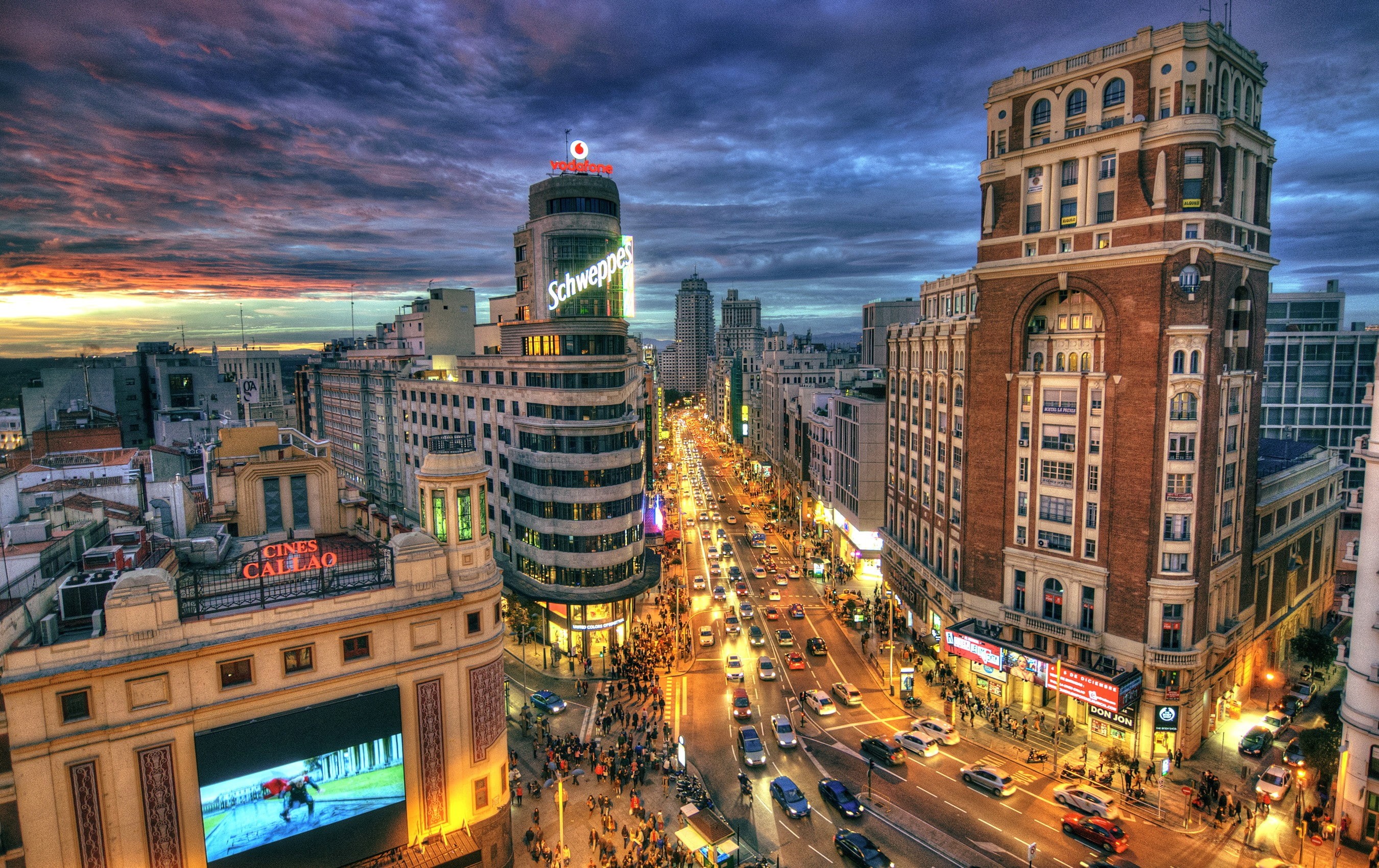 clouds, cityscape, lights, 2K, evening, Madrid, street, road, HDR, Spain, sky, sunset, HD Wallpaper