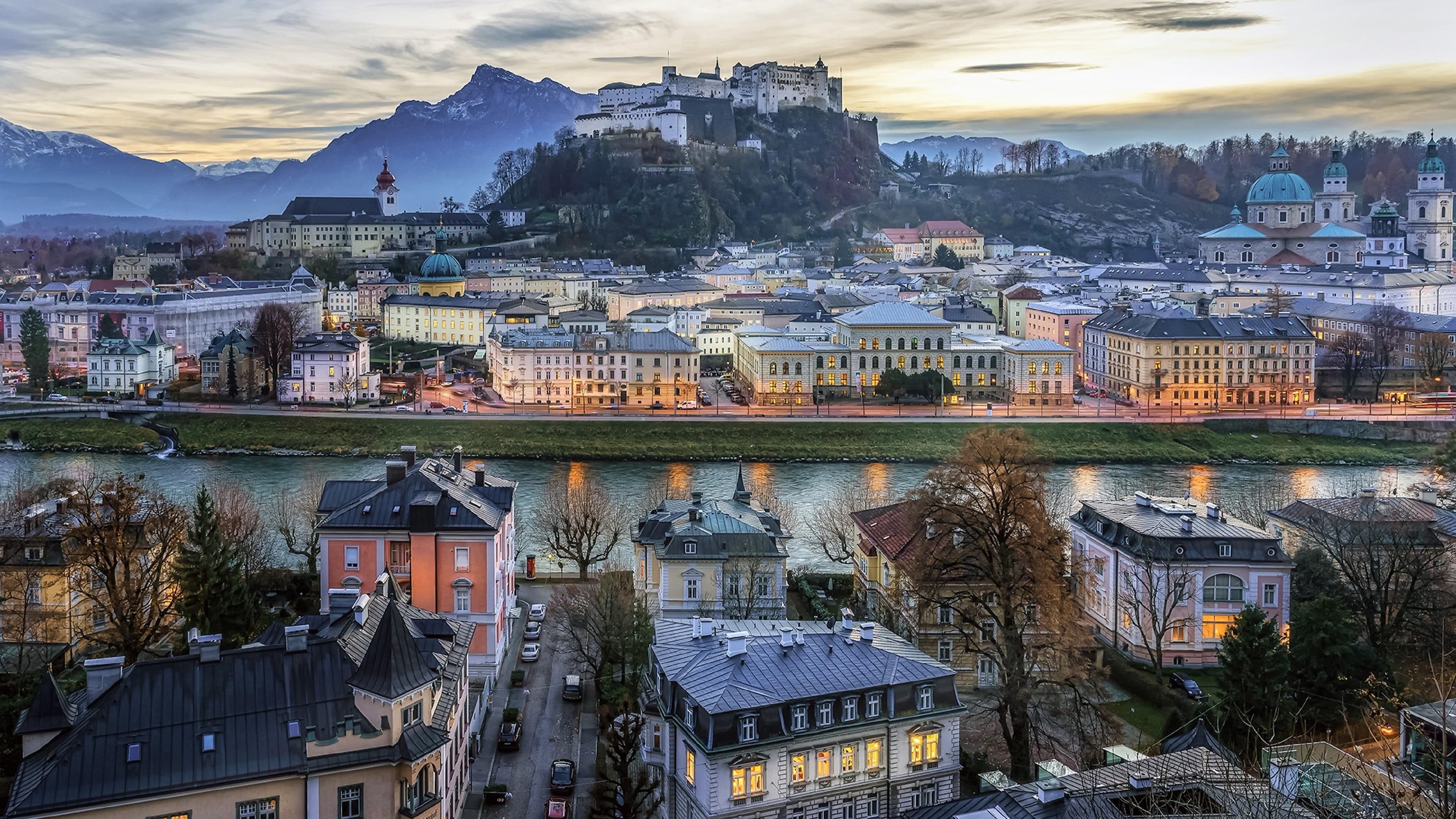 tree, 4K, landmark, neighbourhood, cityscape, morning, urban area, salzburg, castle, skyline, sky, evening, city, building, austria, mountain, river, HD Wallpaper