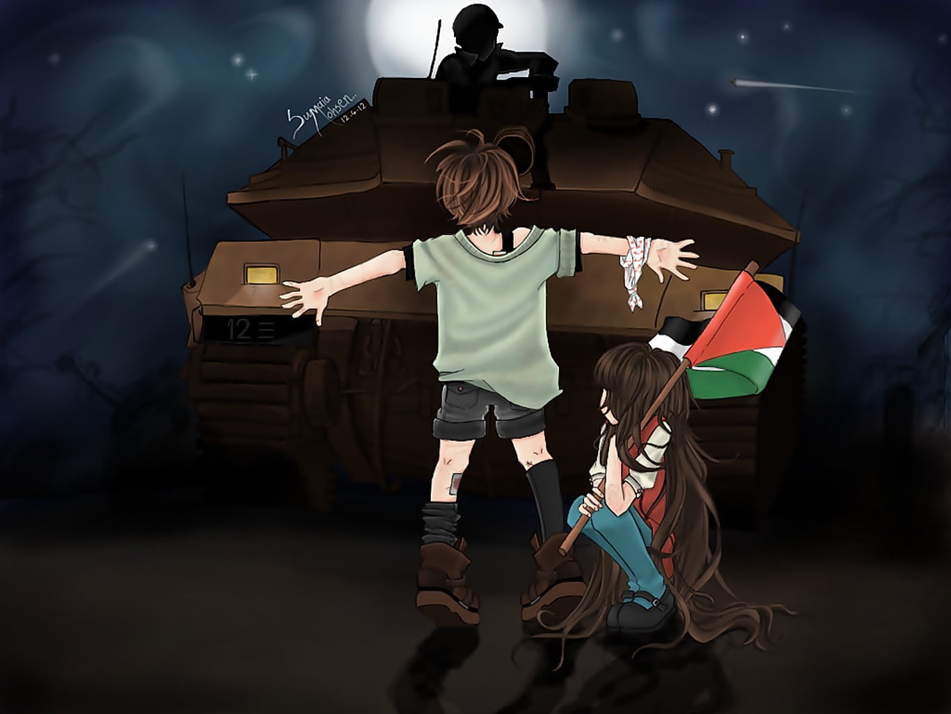 720P, Tank, Flag, Palestine, children, Caricature, HD Wallpaper