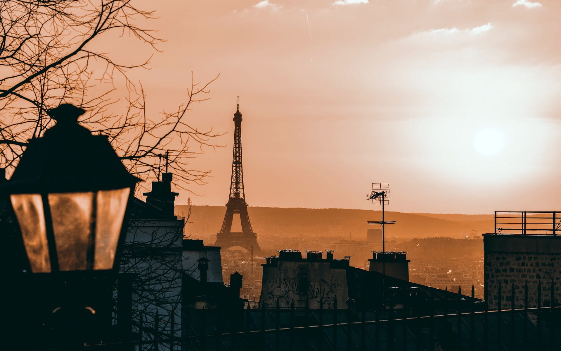 eiffel, city, belief, Eiffel Tower, orange color, tower, sunlight, sky, bare tree, building exterior, no people, religion, cityscape, sunset, outdoors, HD Wallpaper