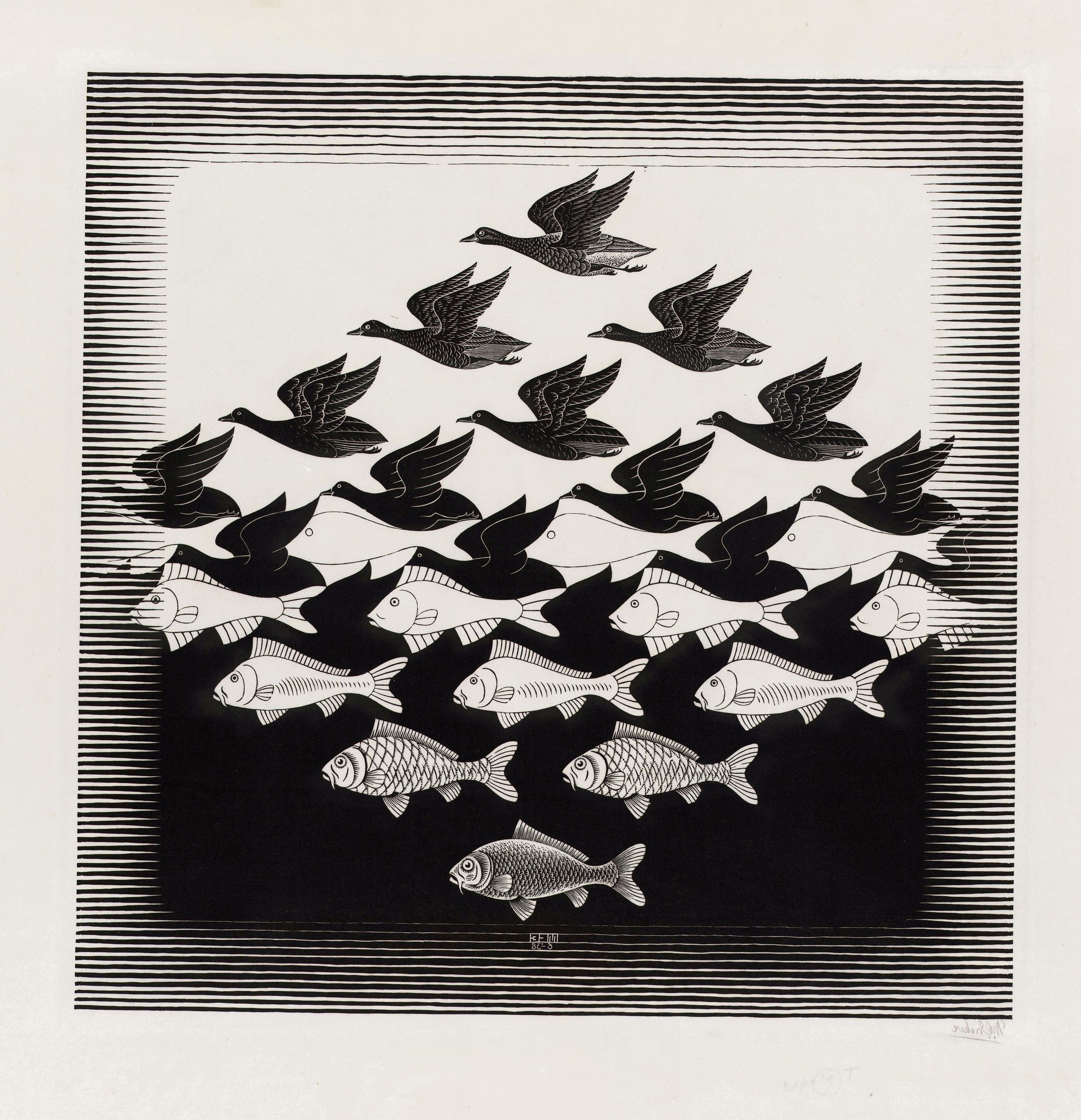 indoors, freshness, paper, transfer print, shape, 1080P, in a row, white color, table, m c escher artwork optical illusion drawing monochrome animals birds fish illustration signatures, Phone HD Wallpaper