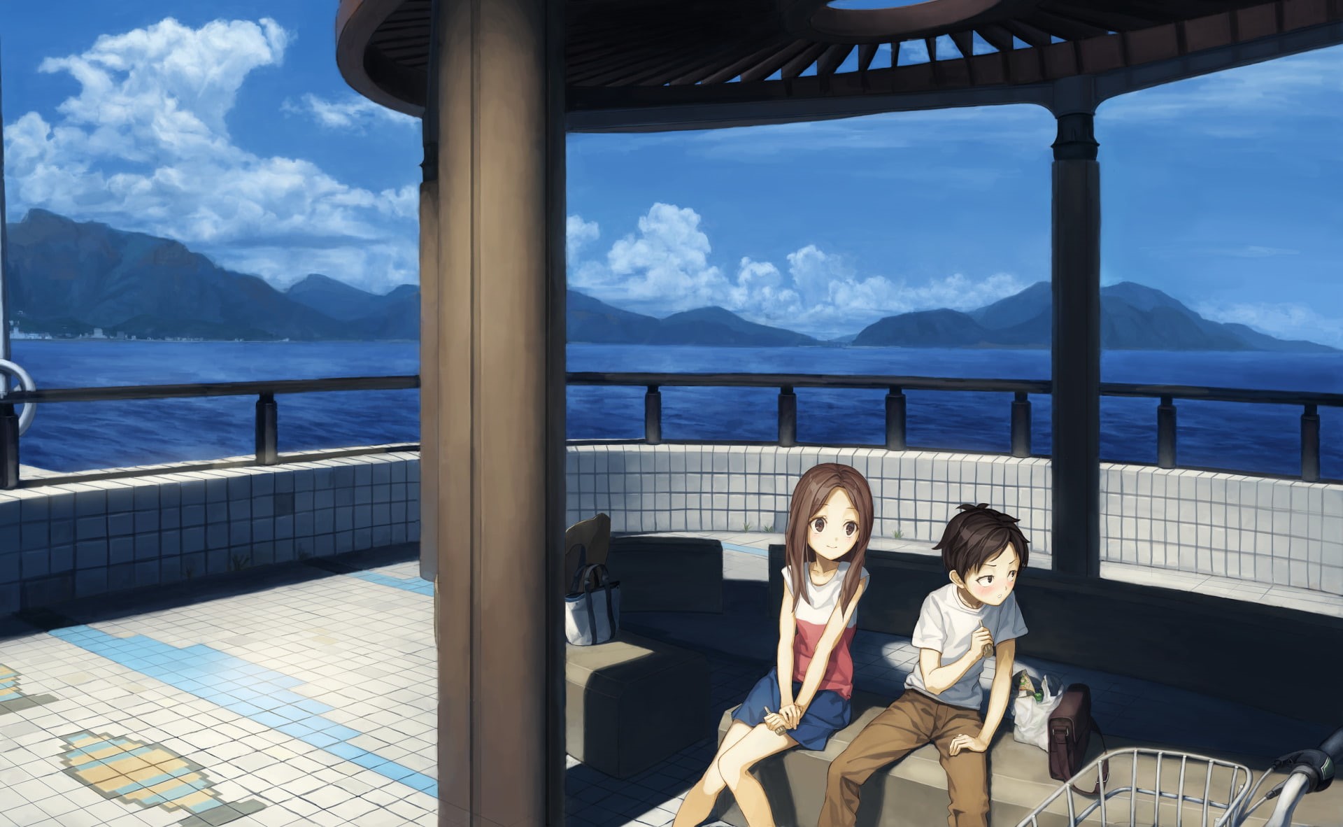water, looking at camera, Takagi (Karakai Jouzu no Takagi-san), Anime, Karakai Jouzu no Takagi-san, teenager, outdoors, girls, child, togetherness, casual clothing, HD Wallpaper
