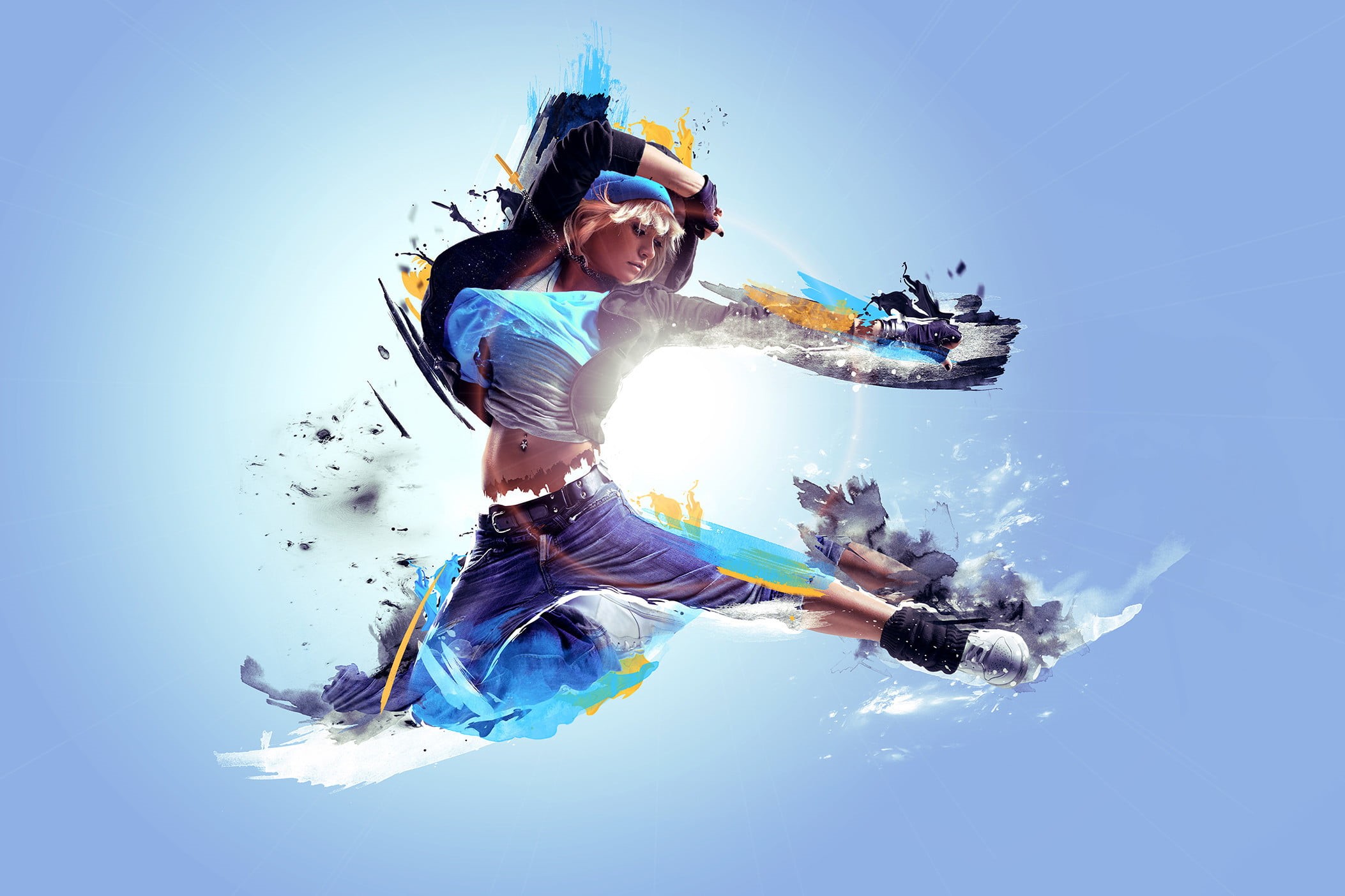 athletic, lights, backgrounds, 1080P, black, art, people, flying, action, dancer, blue, vacations, extreme Sports, smiling, young Adult, full length, happiness, HD Wallpaper