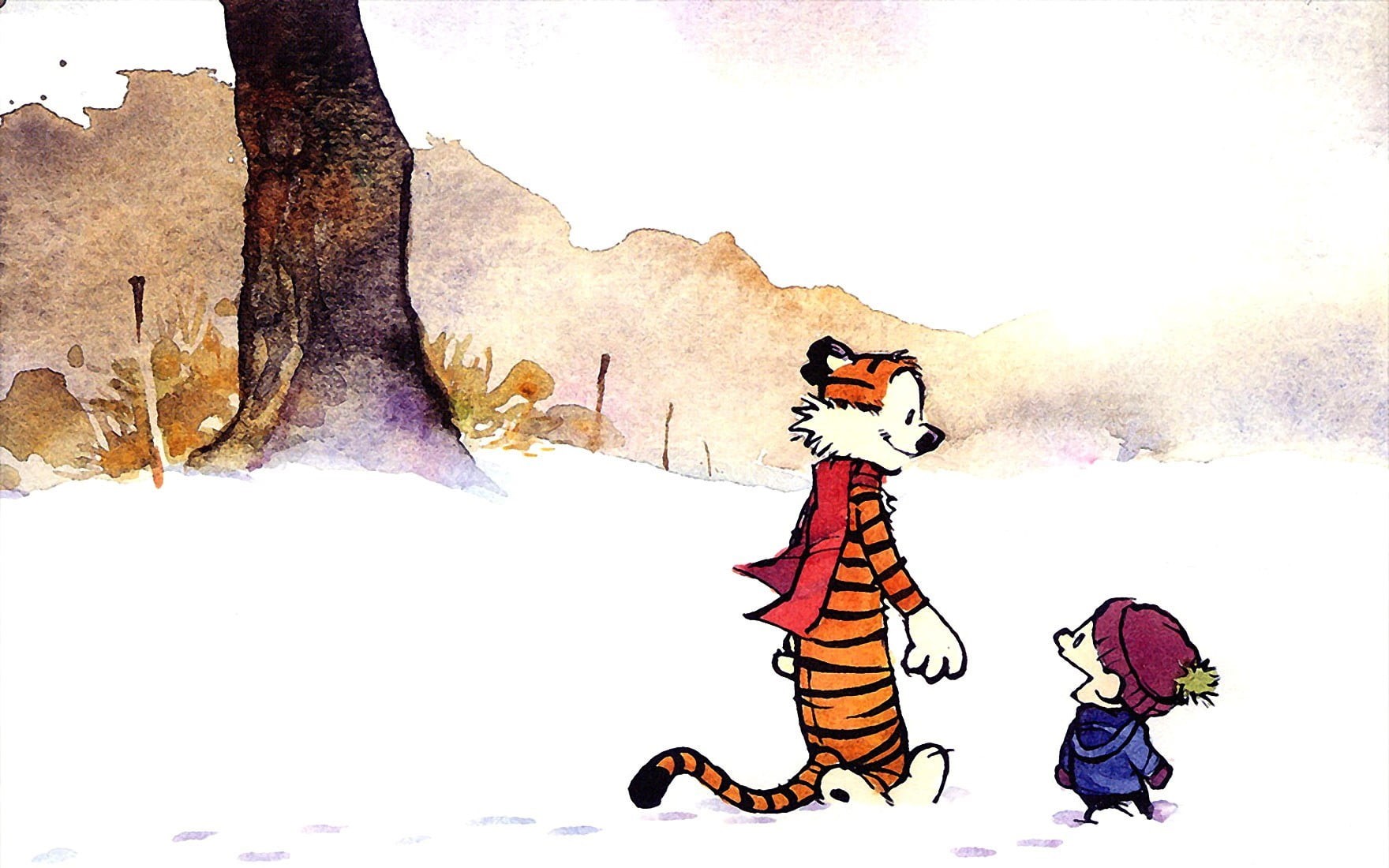 720P, two, comics, tree, cold temperature, nature, men, Bill Watterson, clothing, full length, warm clothing, day, character, real people, one person, HD Wallpaper