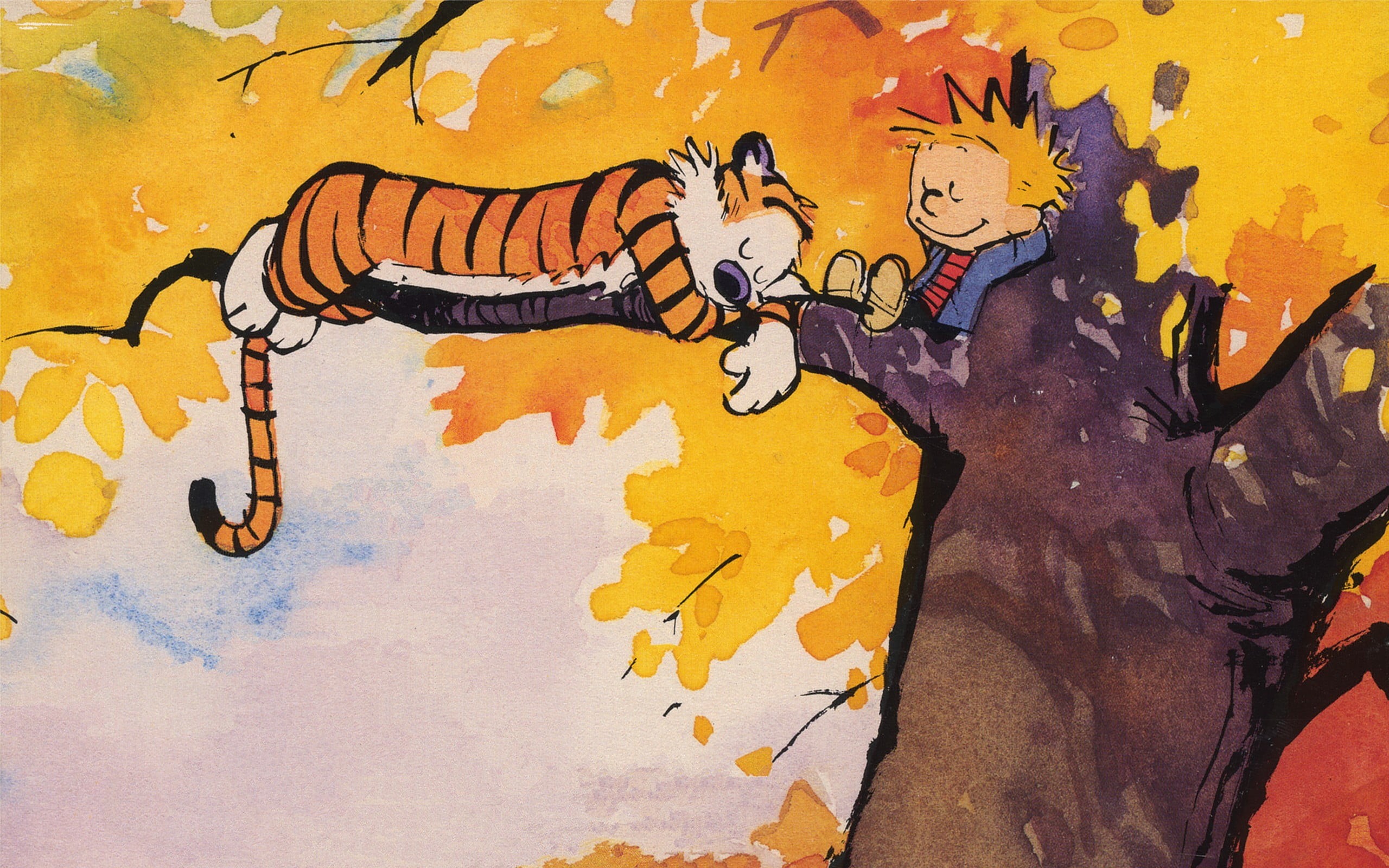 comics, art and craft, real people, tree, street art, one person, yellow, wall - building feature, Calvin and Hobbes, graffiti, outdoors, cartoon, architecture, HD Wallpaper