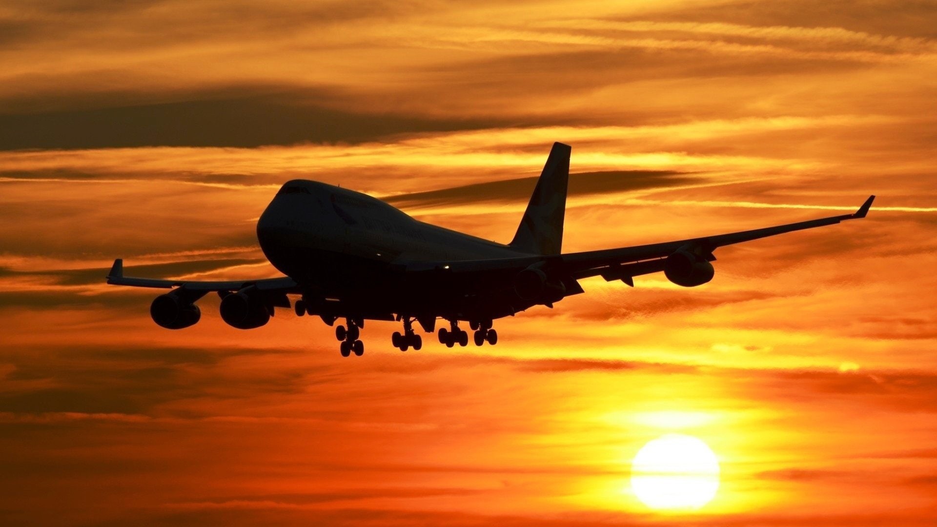 Boeing 747, airplane, Silhouette, 1080P, sky, landing, sunset, HD Wallpaper
