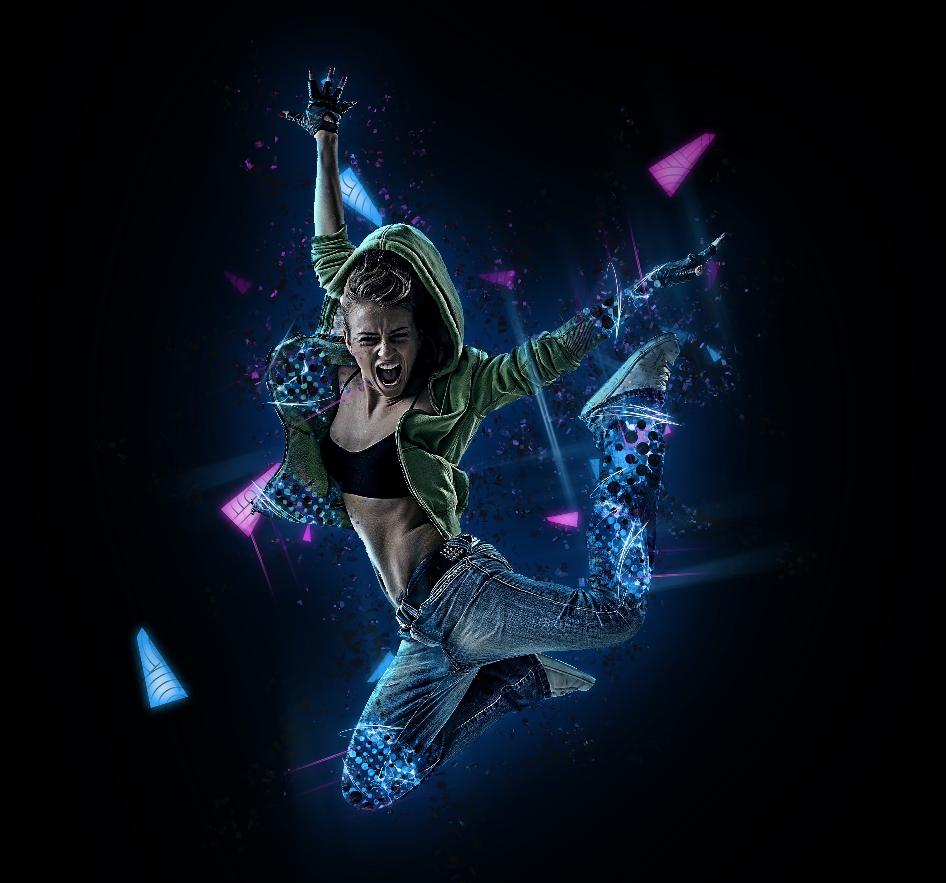 indoors, jumping, slim, gorgeous, mouth open, posing, dance, arts culture and entertainment, digital manipulation, nightlife, woman, young adult, portrait, HD Wallpaper