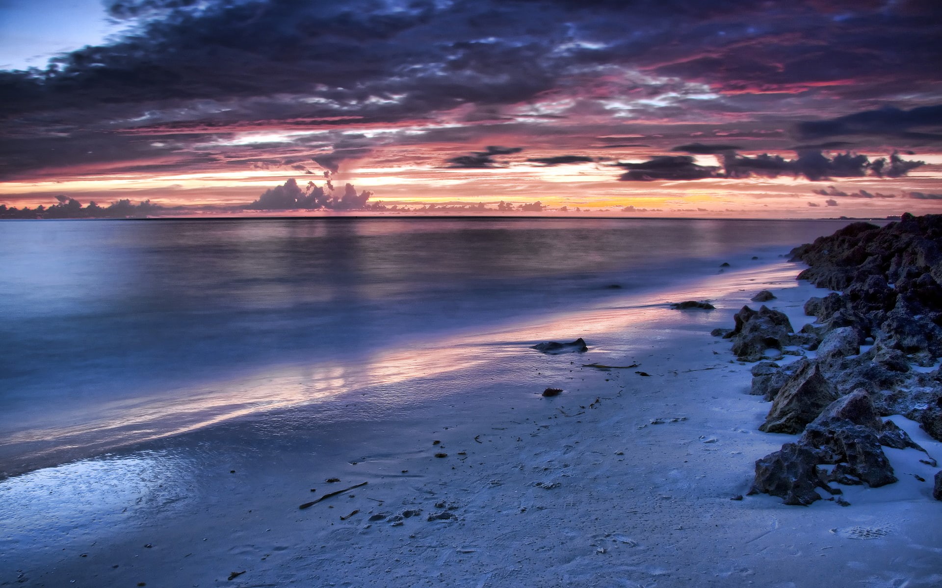 sand, water, beach, clouds, landscape, nature, rocks, 1080P, reflection, sunset, sea, HD Wallpaper