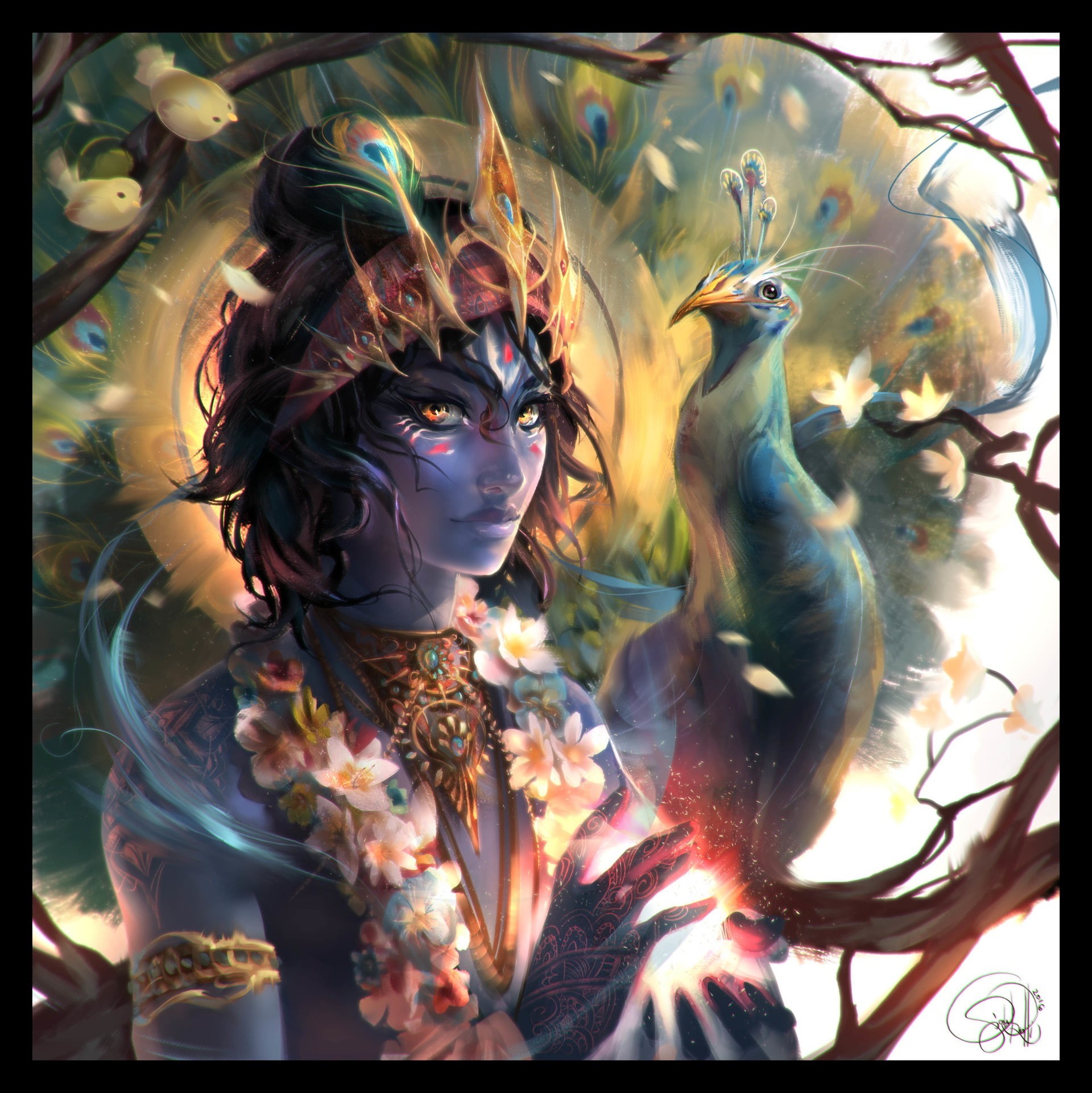 1080P, peacocks, fantasy art, Phone HD Wallpaper