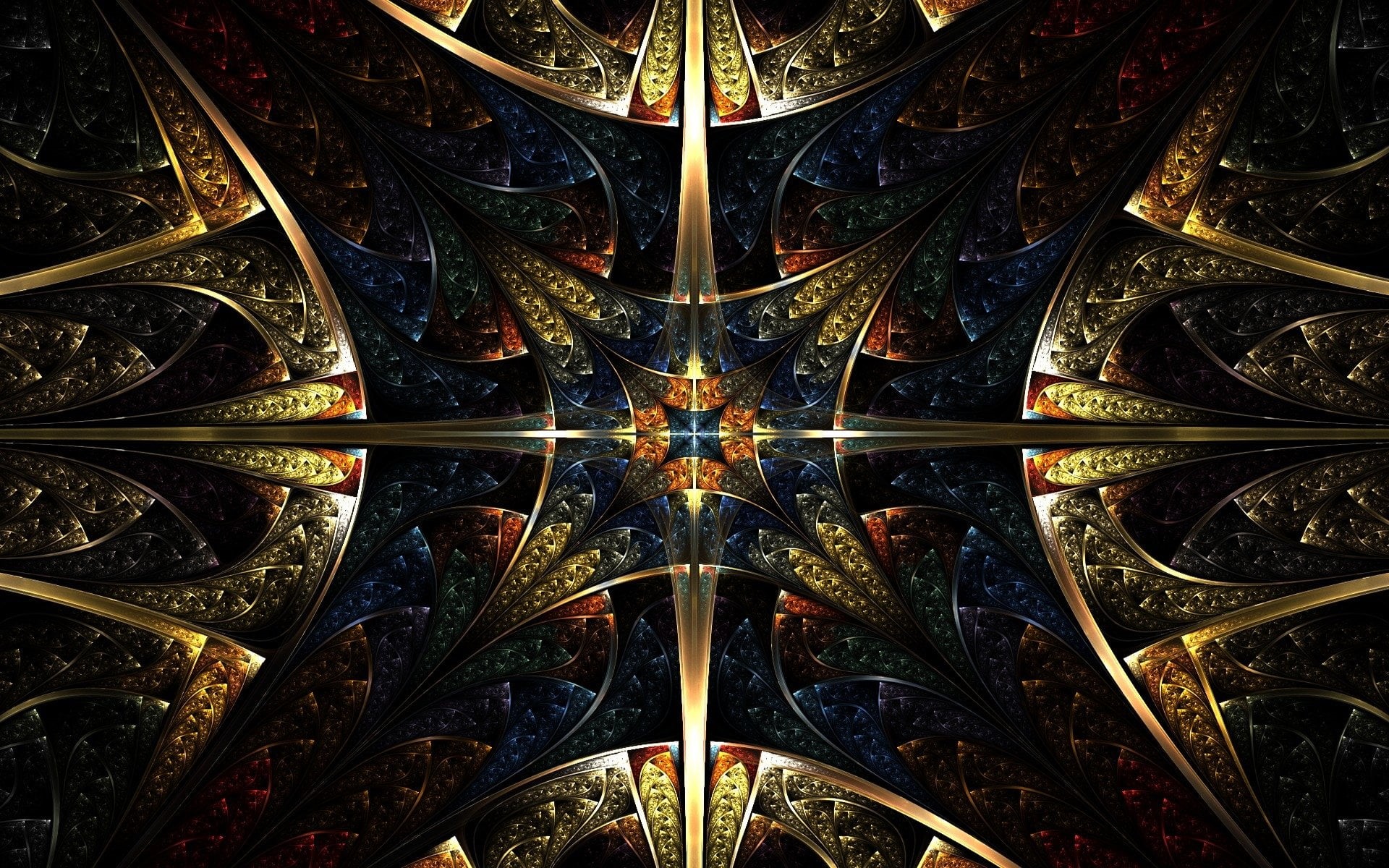 Dark, Fractal, shape, metal, Symmetry, gold, glass, pattern, ornate, directly below, 1080P, green, design, no people, Digital Art, digital composite, red, HD Wallpaper