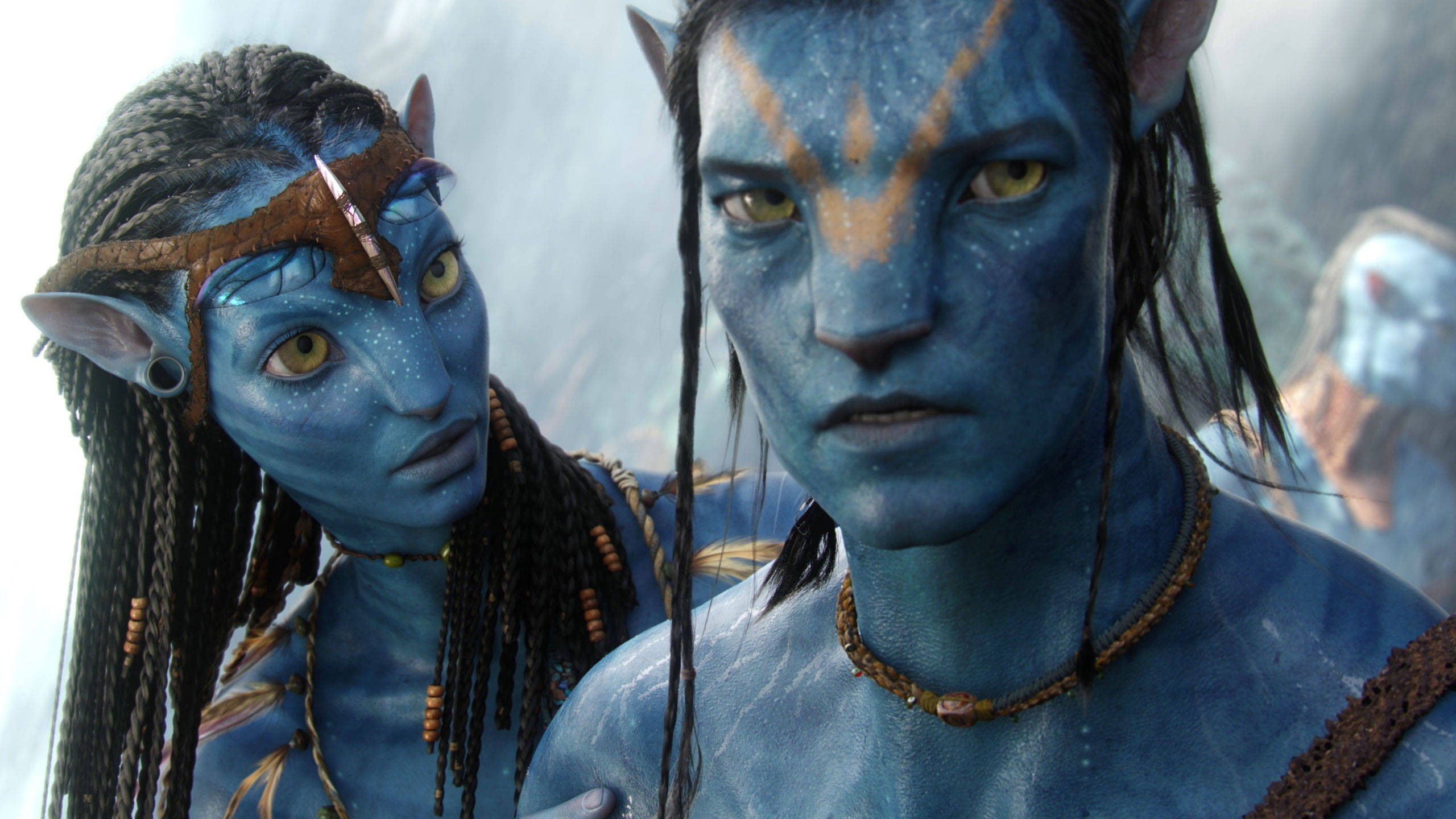 necklace, looking at camera, two people, paint, human representation, 2K, people, portrait, science fiction, movies, blue skin, front view, human face, HD Wallpaper