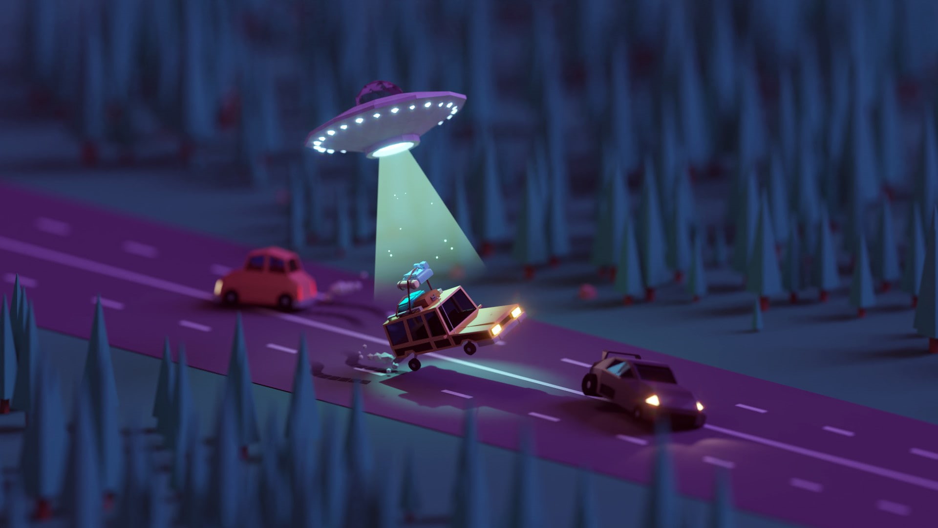 macro, aliens, forest, 1080P, alien abduction, Mohamed Chahin, flying saucers, street, nature, render, geometry, car, trees, night, HD Wallpaper