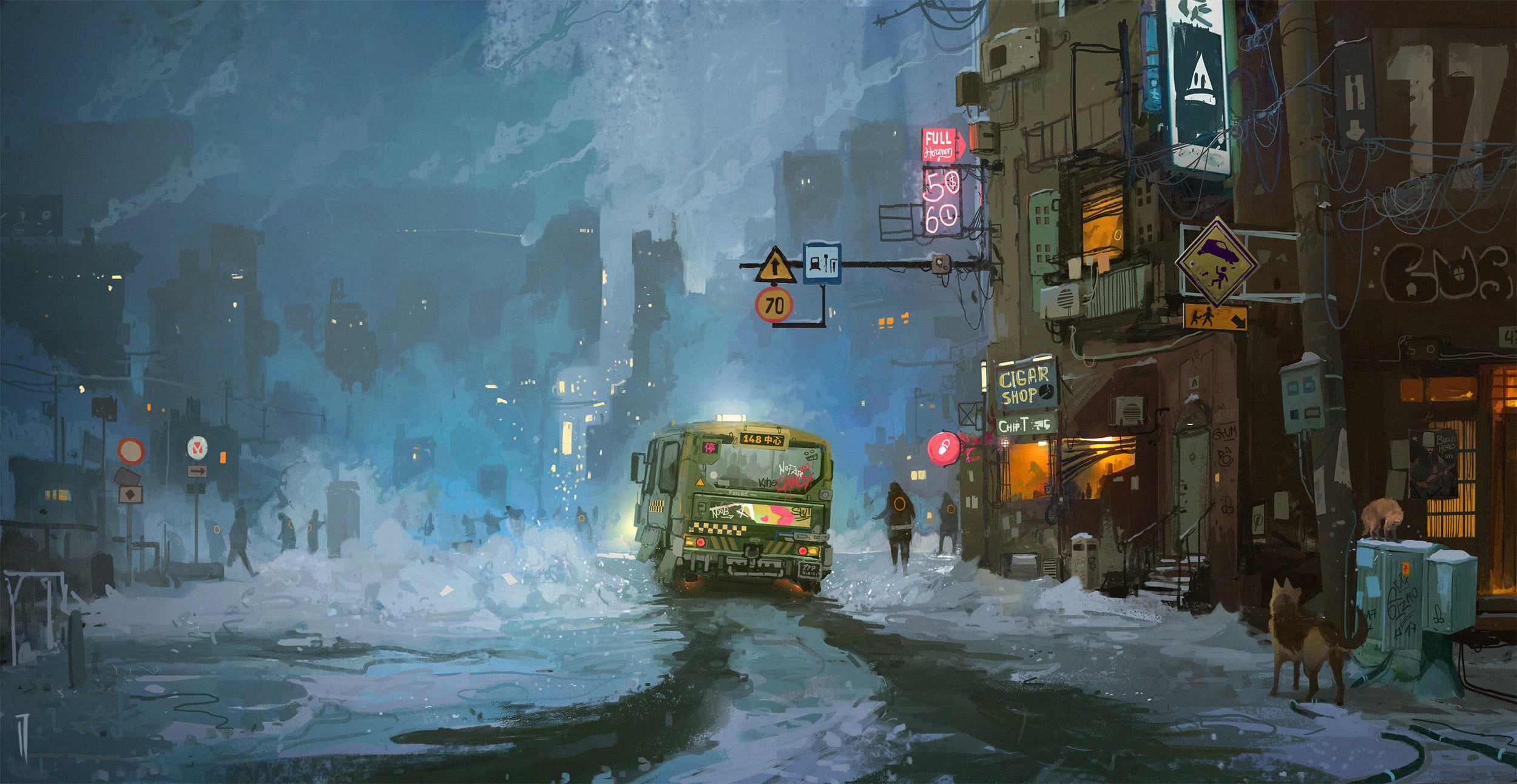 1080P, Ismail Inceoglu, car, illustration, digital art, city, science fiction, cyberpunk, concept art, HD Wallpaper
