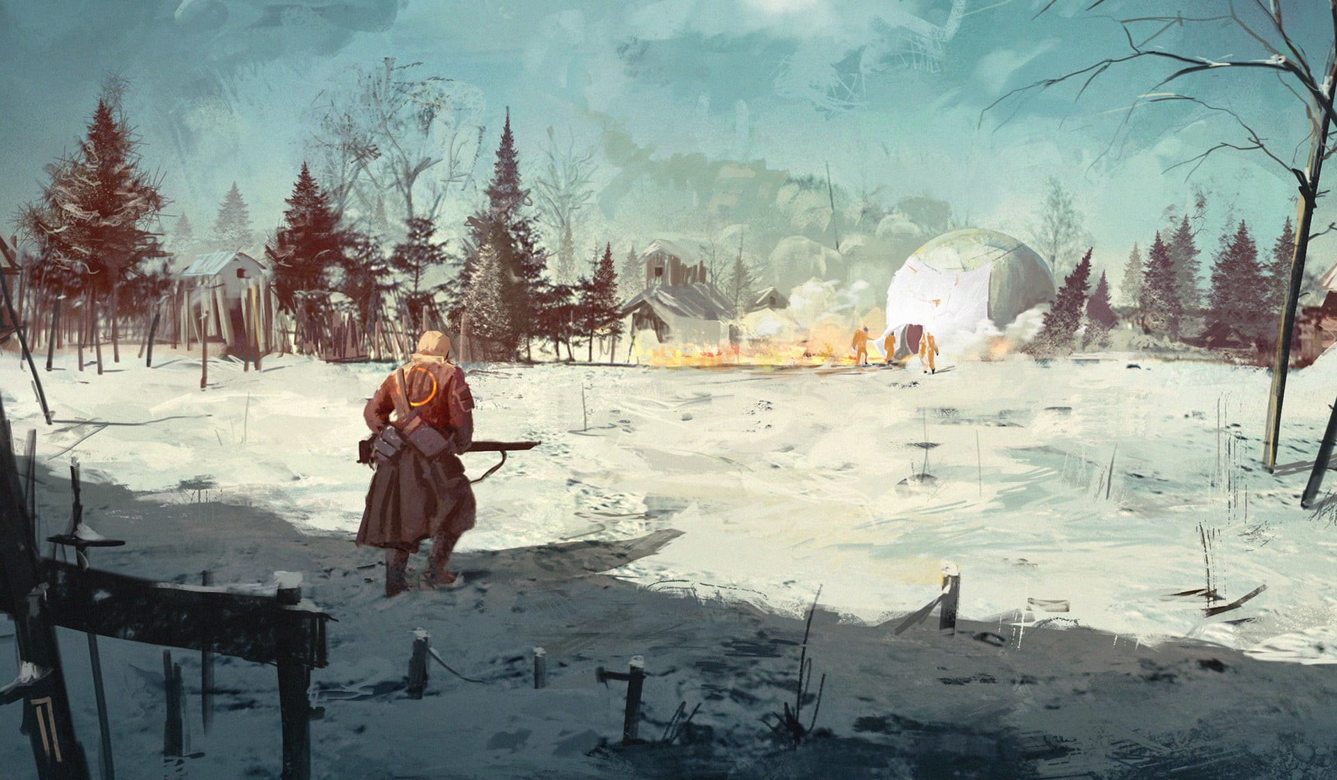concept art, gun, winter, Ismail Inceoglu, 1080P, clothes, men, snow, nature, HD Wallpaper