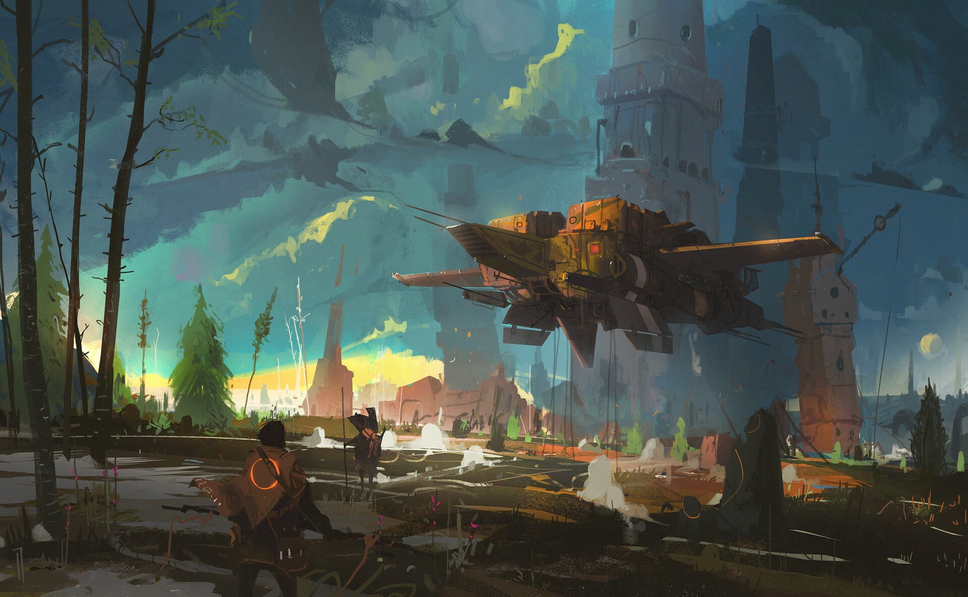 men, smoke, clothes, concept art, nature, tower, 1080P, Ismail Inceoglu, ship, HD Wallpaper
