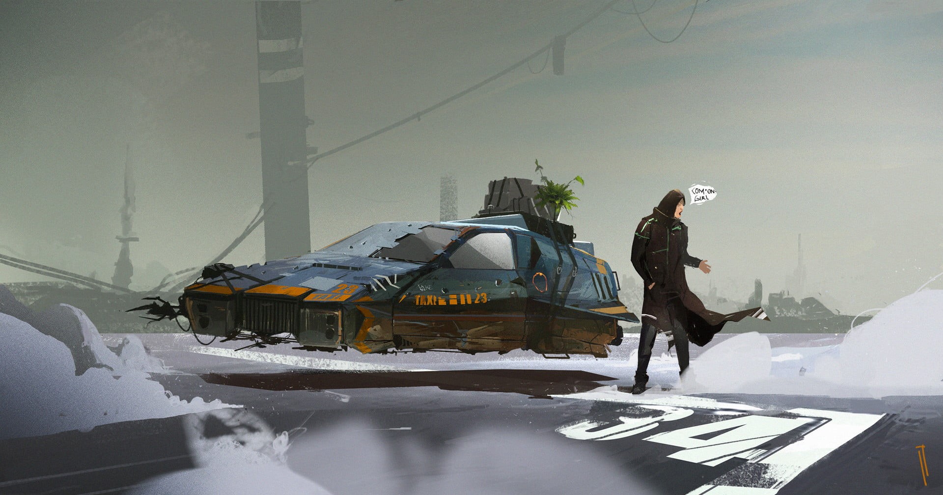 men, concept art, street, snow, cloaks, car, winter, Ismail Inceoglu, city, 1080P, HD Wallpaper