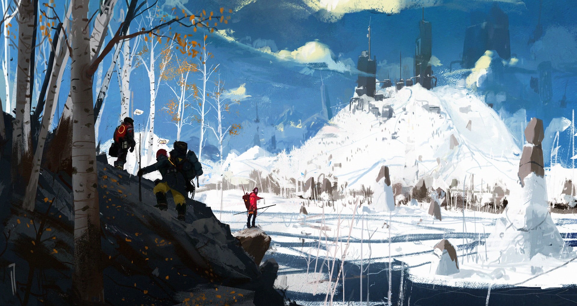 trees, 1080P, people, clothes, winter, backpacks, concept art, Ismail Inceoglu, nature, men, lake, snow, HD Wallpaper