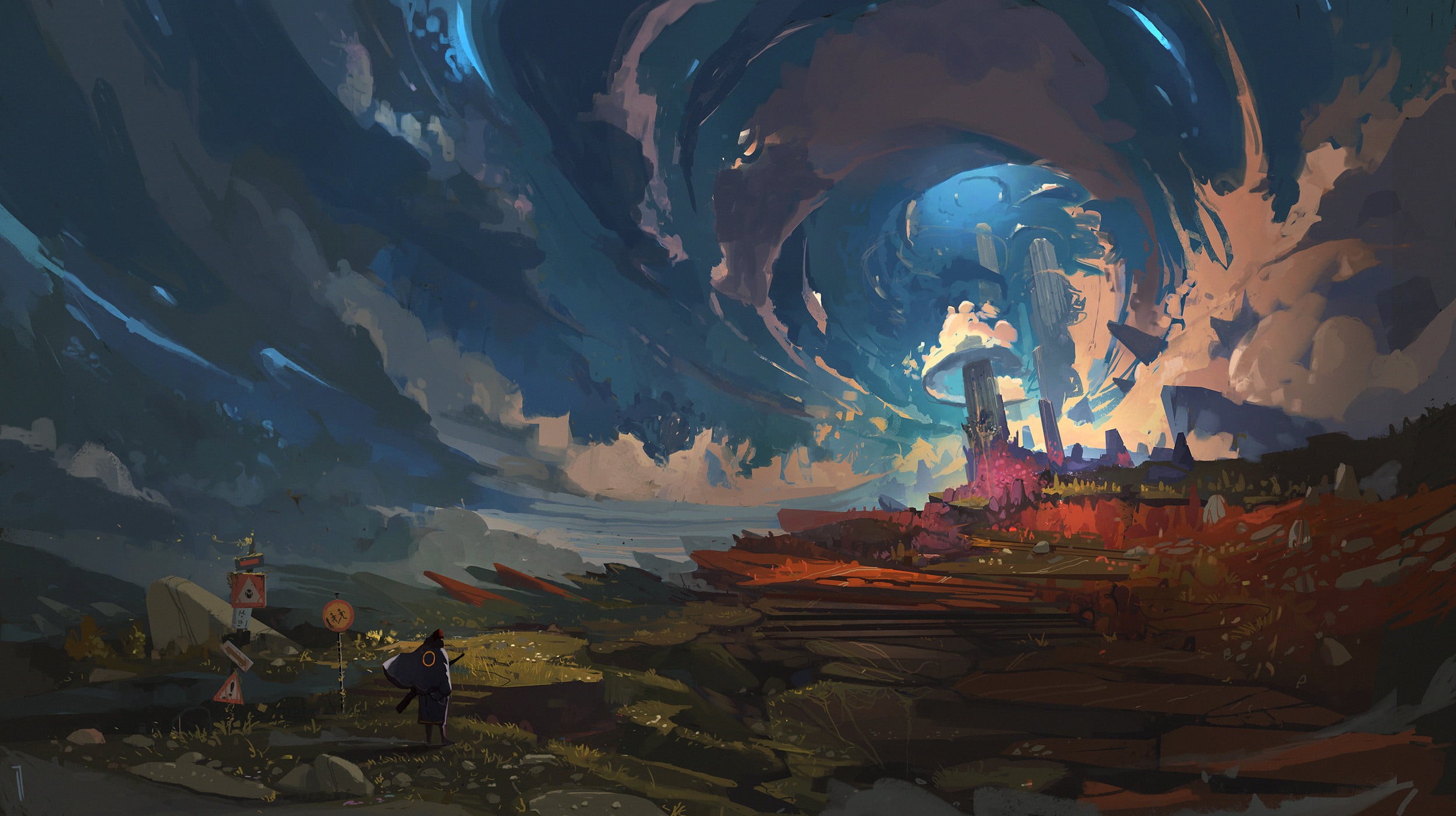 blue light, digital art, castle, Ismail Inceoglu, 1080P, ArtStation, landscape, drawing, artwork, HD Wallpaper