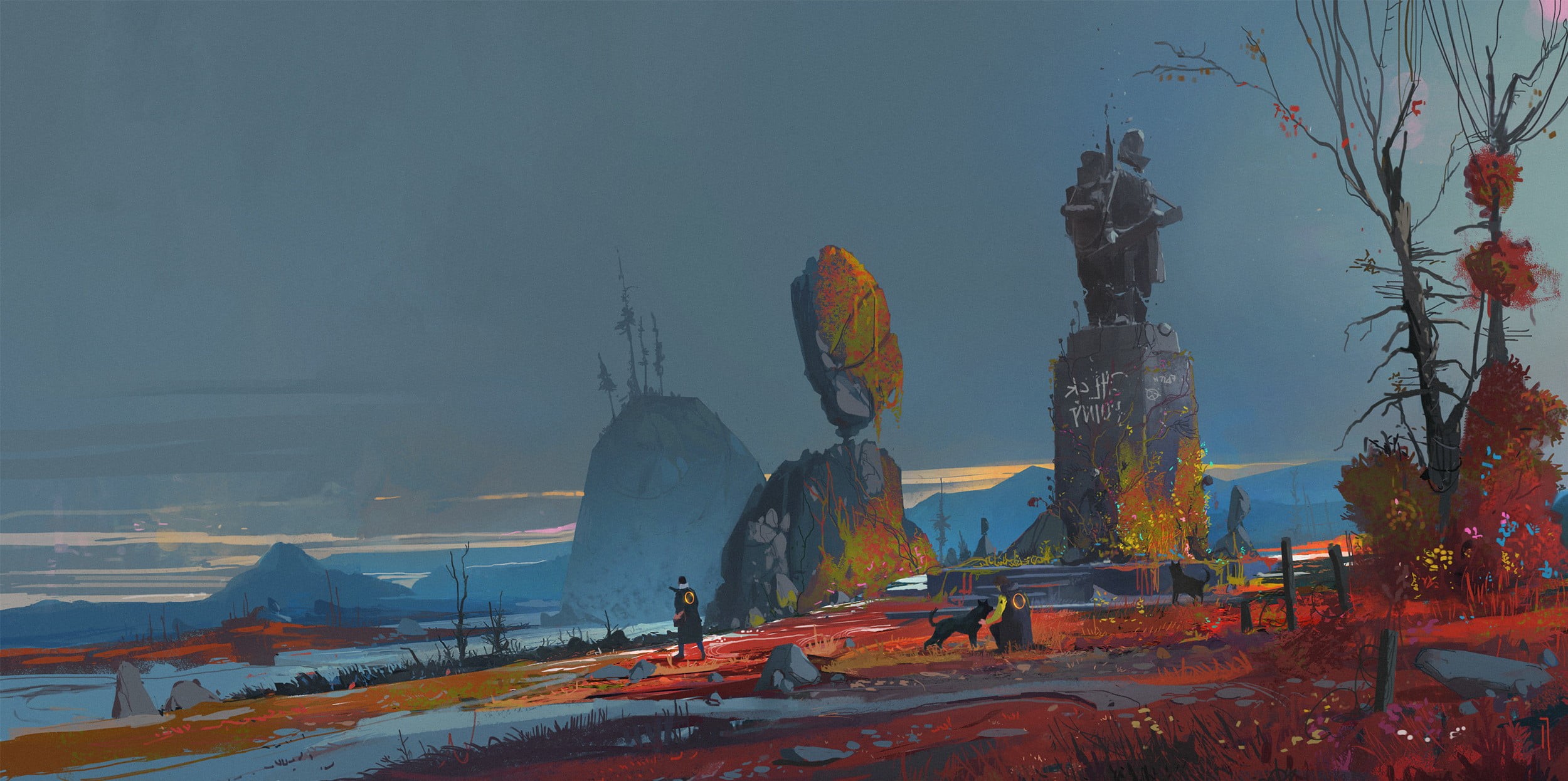 statue, digital art, artwork, Ismail Inceoglu, 1080P, mountains, HD Wallpaper