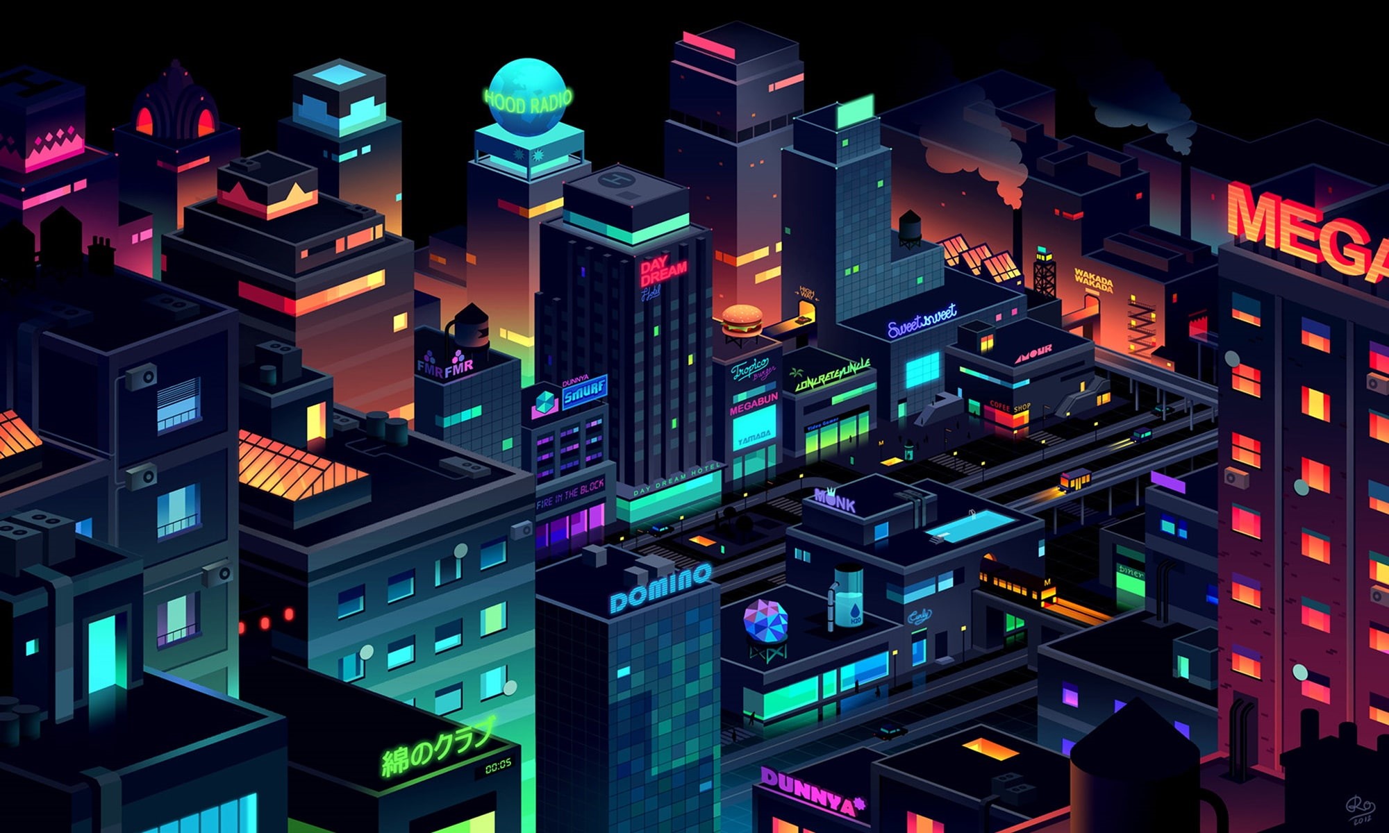 Cityscape, 1080P, Futuristic City, Futuristic, City Lights, Colorful, digital art, Romain Trystam, HD Wallpaper