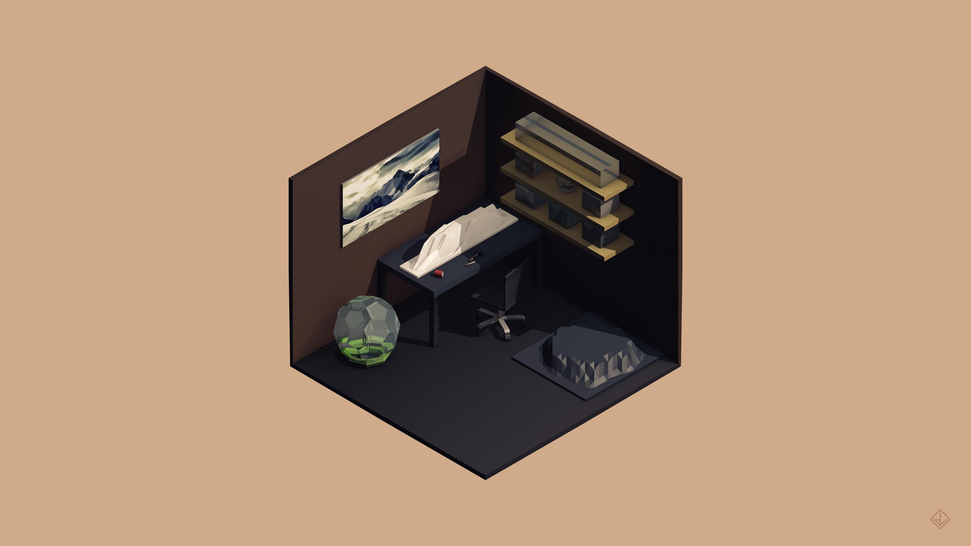 3840x2160, low poly, table, d, room, poly, 3d, 4K, isometric, low, HD Wallpaper