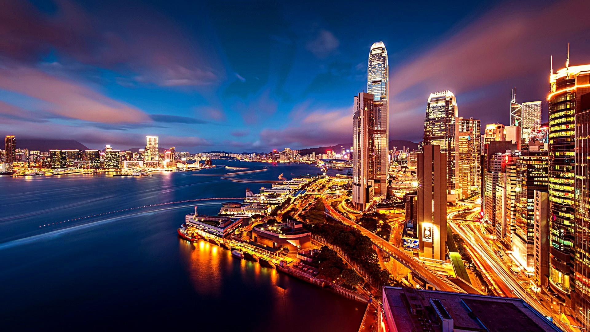 night, cityscape, lights, city lights, scenery, hong kong, 1080P, harbour, HD Wallpaper
