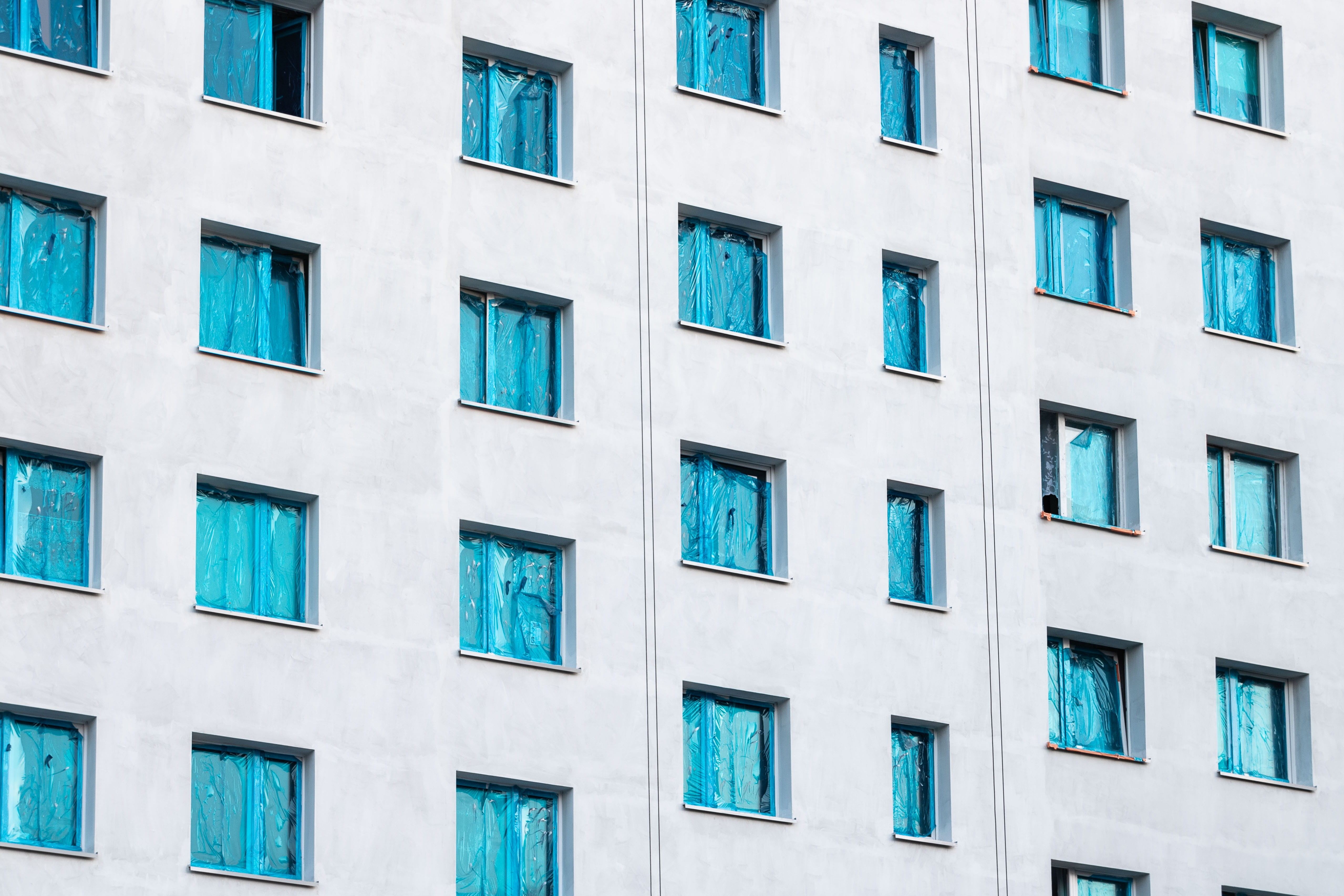 architecture, green, rise, building exterior, reparation, block, 4K, city, no people, building feature, blue, pattern, repair, plastic, window, teal, full frame, HD Wallpaper