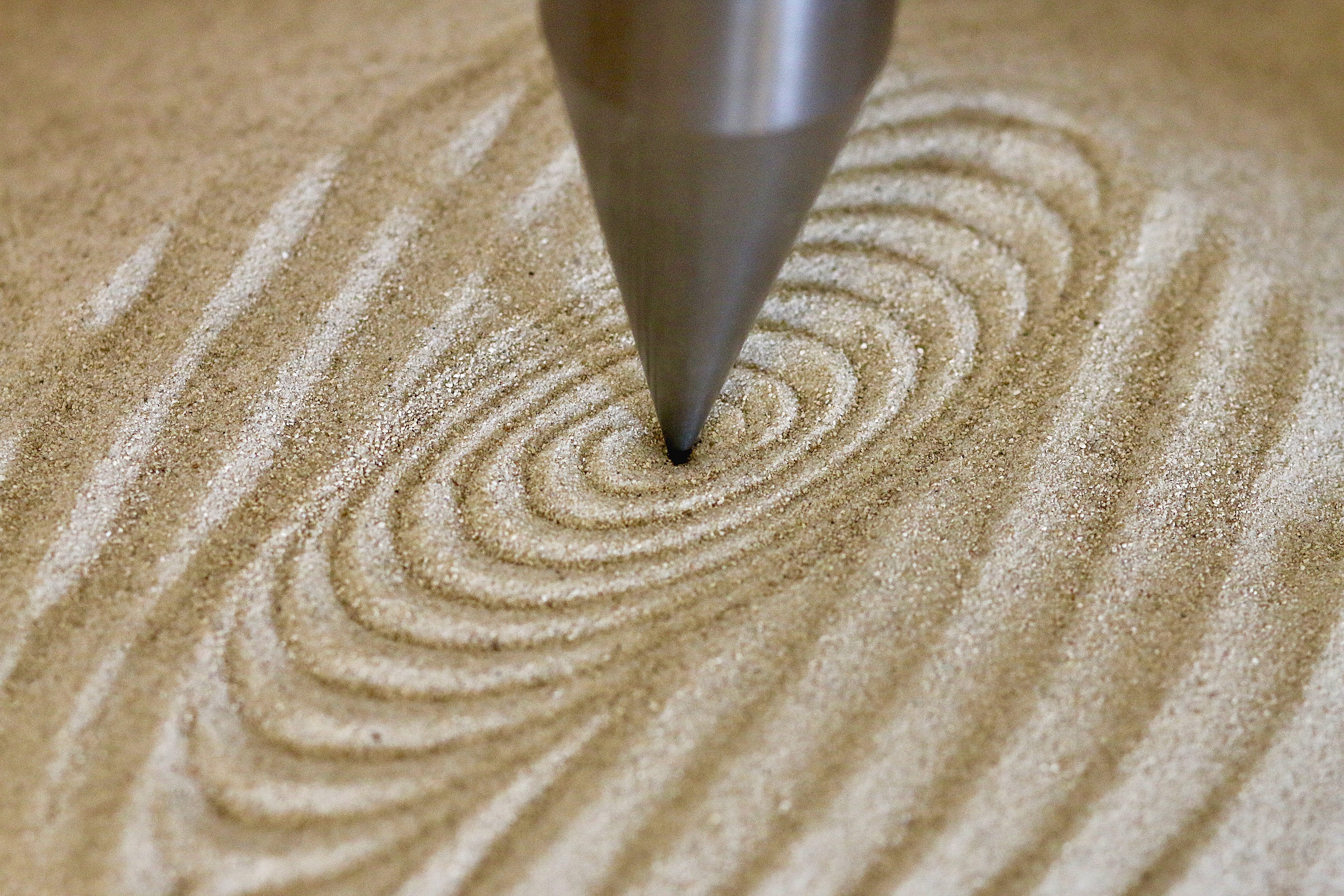 concentric, high angle view, pattern, shape, sand, metal tip, pendulum, paper, simplicity, spiral, close-up, geometric shape, 5K, no people, art and craft, HD Wallpaper