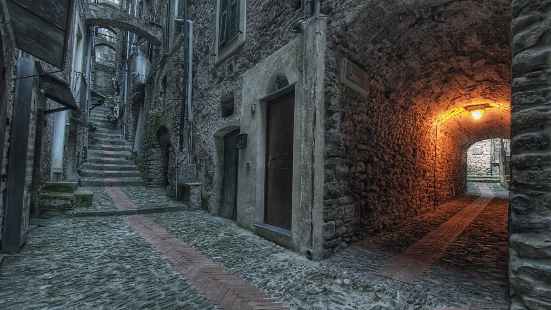 stones, house, door, architecture, stairs, town, arch, old building, lights, street, urban, 1080P, HD Wallpaper