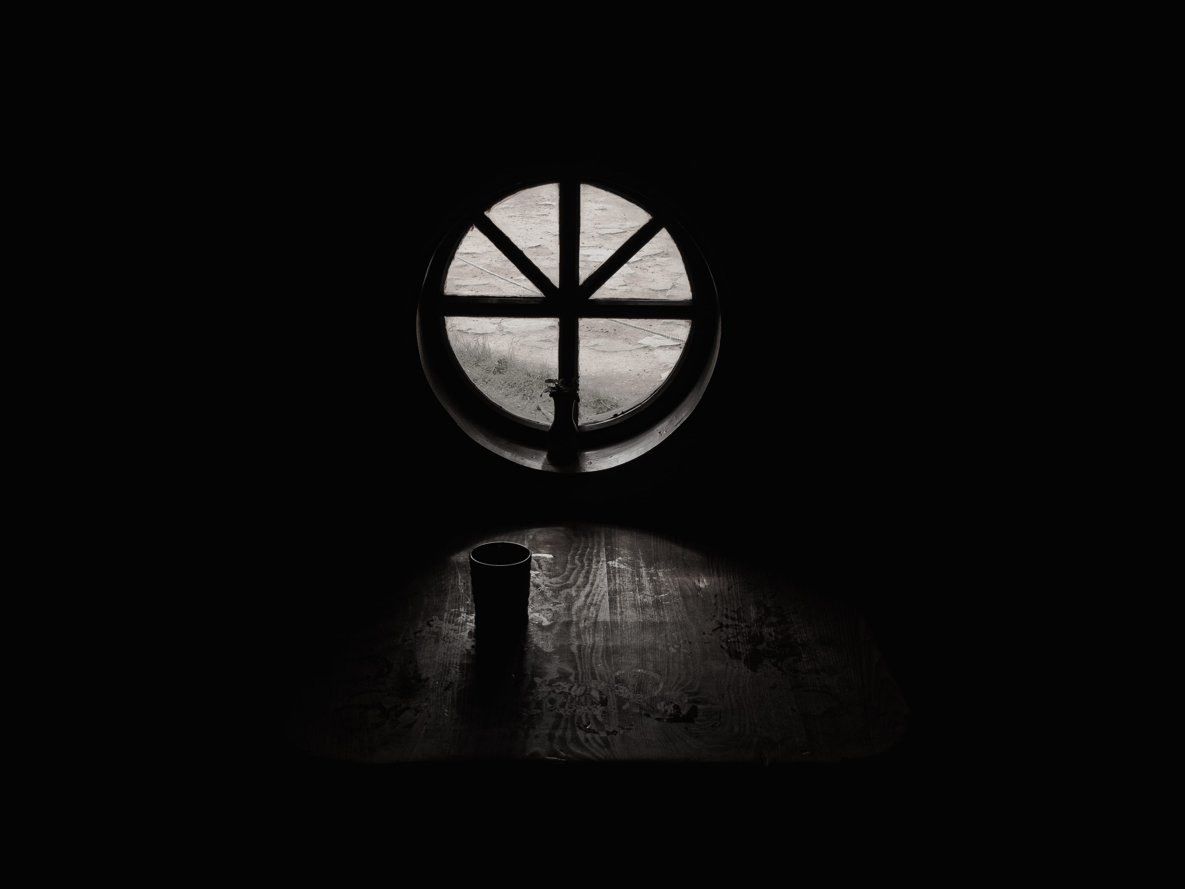 still life, indoors, building, rustic, glass, 4K, copy space, cup, day, window, antique, circle, geometric shape, low angle view, grayscale, black and white, HD Wallpaper