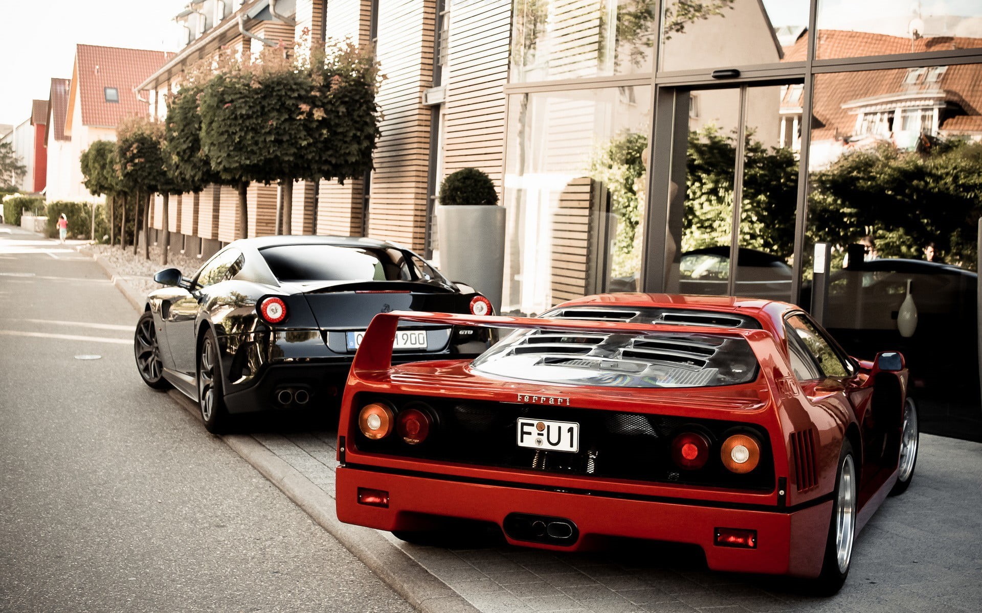 mode of transportation, 1080P, city, Ferrari, outdoors, Ferrari F40, plant, coupe, land vehicle, incidental people, street, architecture, corvette, tree, HD Wallpaper