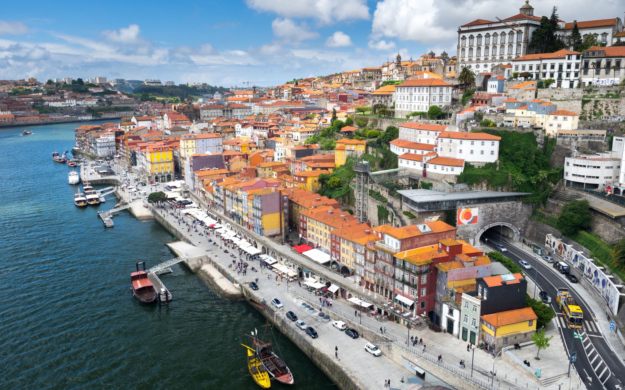 sky, building, river, canal, concrete, high angle view, day, Portugal, Porto, transportation, nature, mode of transportation, built structure, boat, residential district, HD Wallpaper