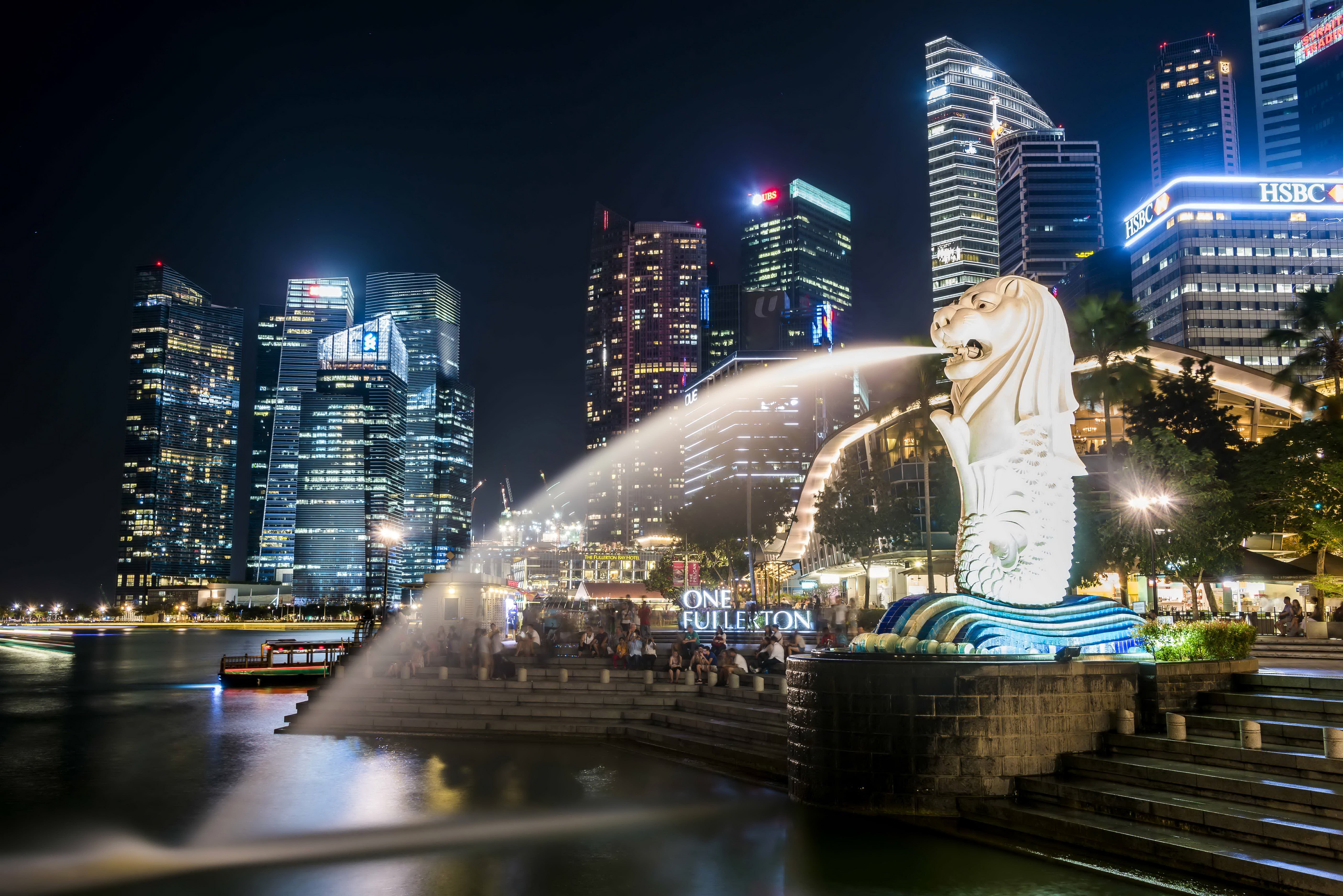 skyscrapers, illuminated, building, building exterior, financial district, tall - high, skyscraper, modern, megapolis, office building exterior, fountains, HD Wallpaper