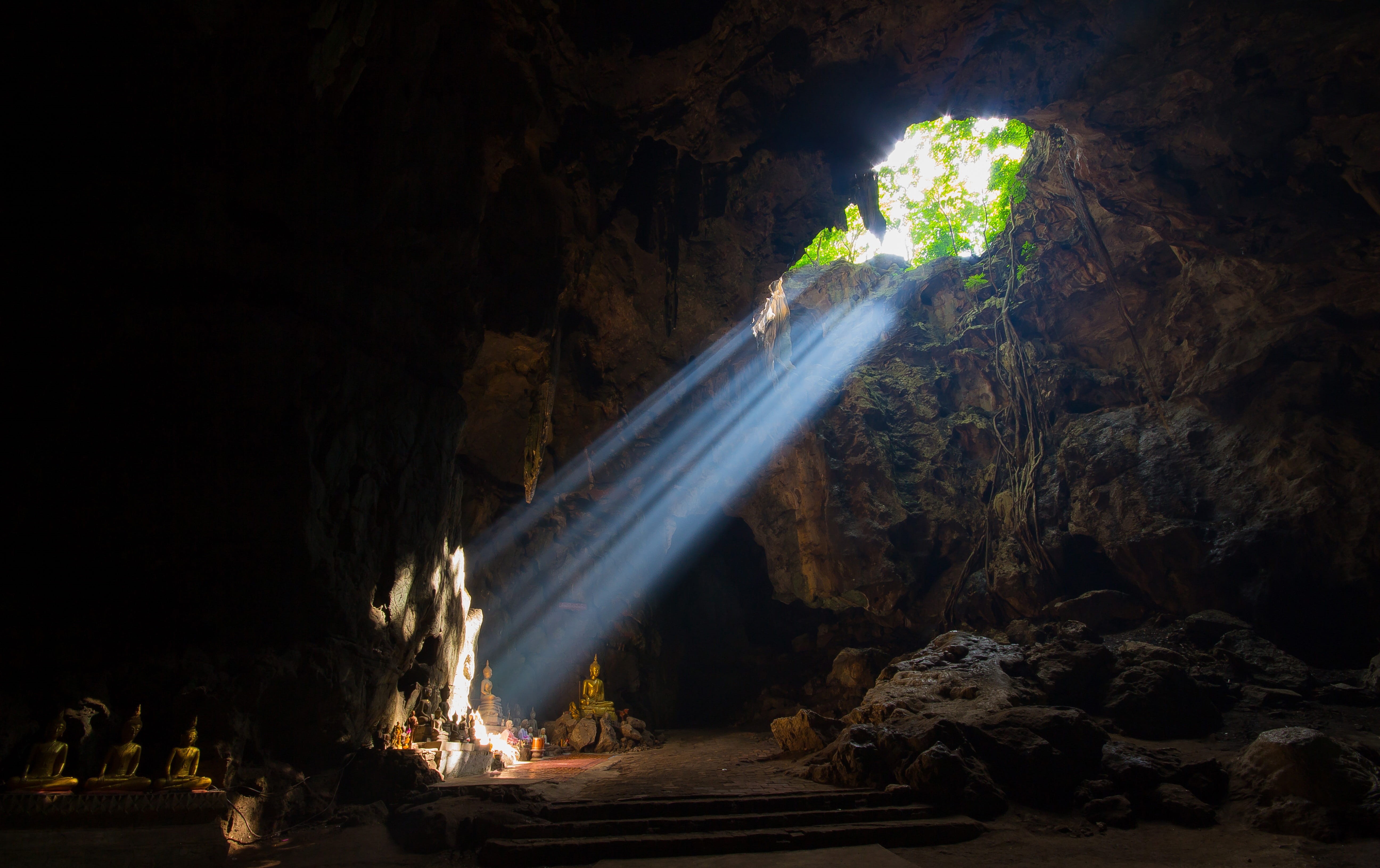 illuminated, backlight, rock formation, waterfall, rock - object, night, sun, rock, 5K, thailand, cave, long exposure, outdoors, architecture, smoke - physical structure, HD Wallpaper